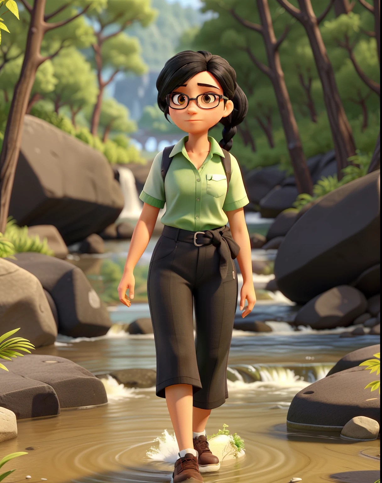 a woman, 36 years old, black hair tied and tied at the back, brown eyes, wears glasses, serious appearance. environment; nature with green leaves falling down a river near