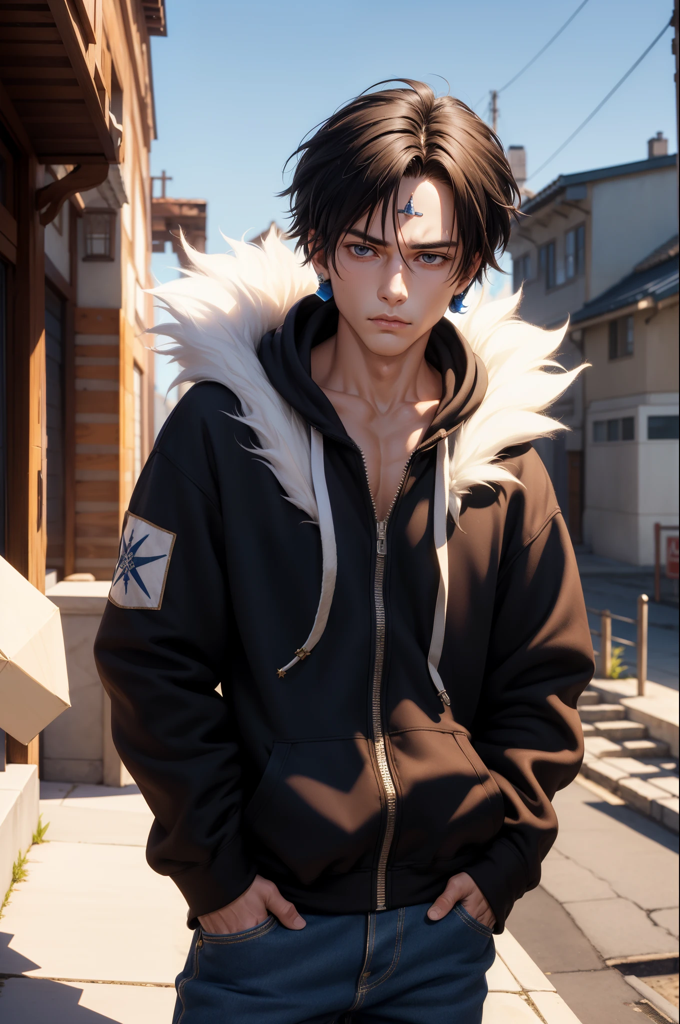 (masterpiece, best quality:1.2), cowboy shot, solo, male focus, 1boy, upper body, chrollo lucilfer, expressionless, closed mouth, hands in pockets, fur trim, wearing Streetwear Hoodie, dinamic lighting, jewelry