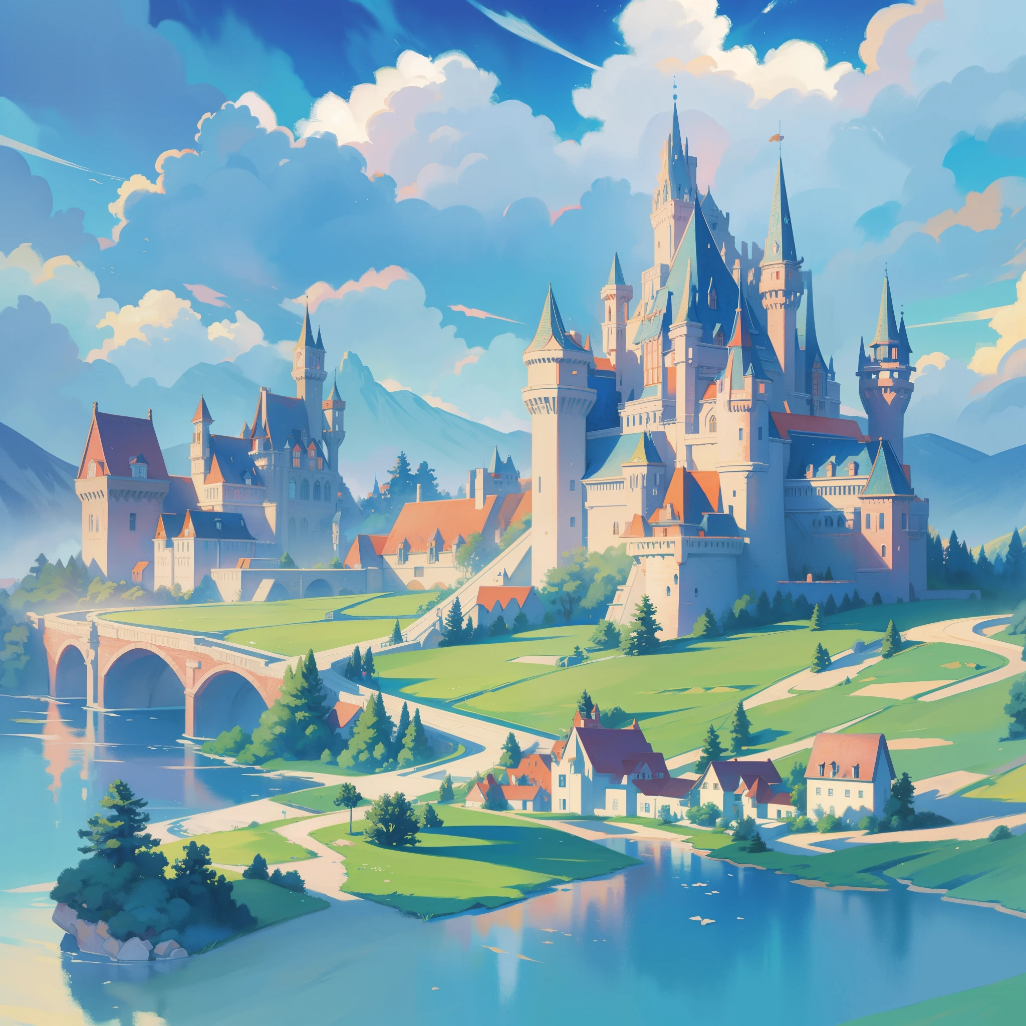 picture book illustration, watercolor storybook illustration, princess castle, fairytale castle, fairytale towers, clouds, vibrant pastel colors, dream, colorful, whimsical, magical, masterpiece, best quality, sharp focus, intricately detailed environment, fine detail, 8k resolution