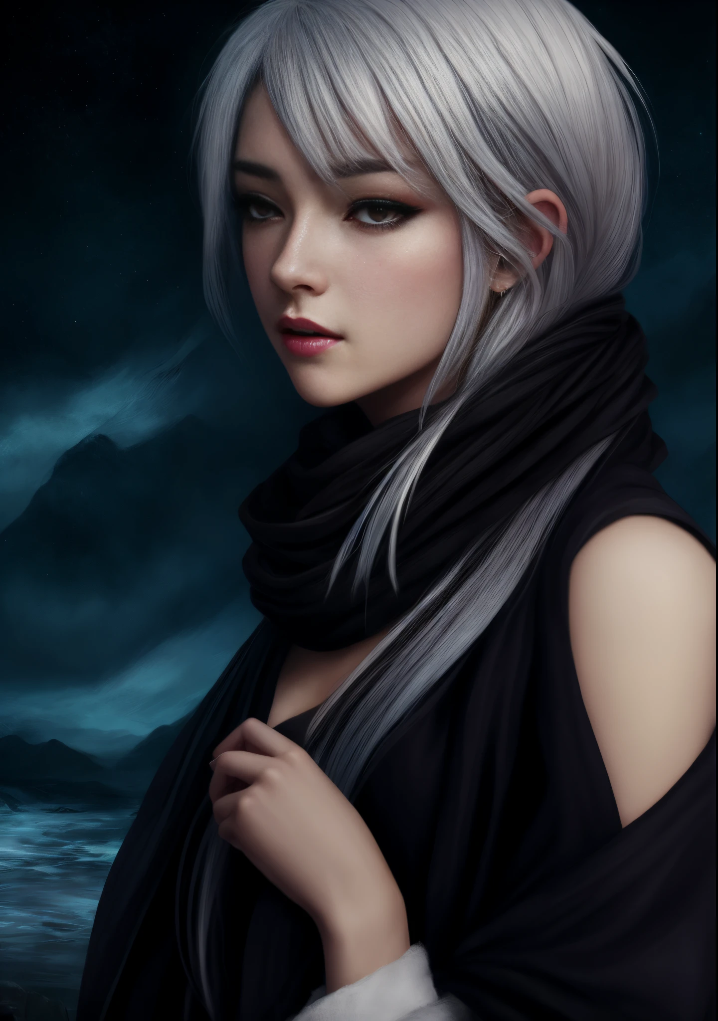 8K, live, Close-up of woman with white hair and black scarf, Portrait of Jan J., Pixiv Contest Winner, Fantasy Art, white haired god, beautiful character painting, Guvez style artwork, Yuki-onna’s lustrous gaze, guweiz, long white hair, long white hair, Flowing hair and robes
