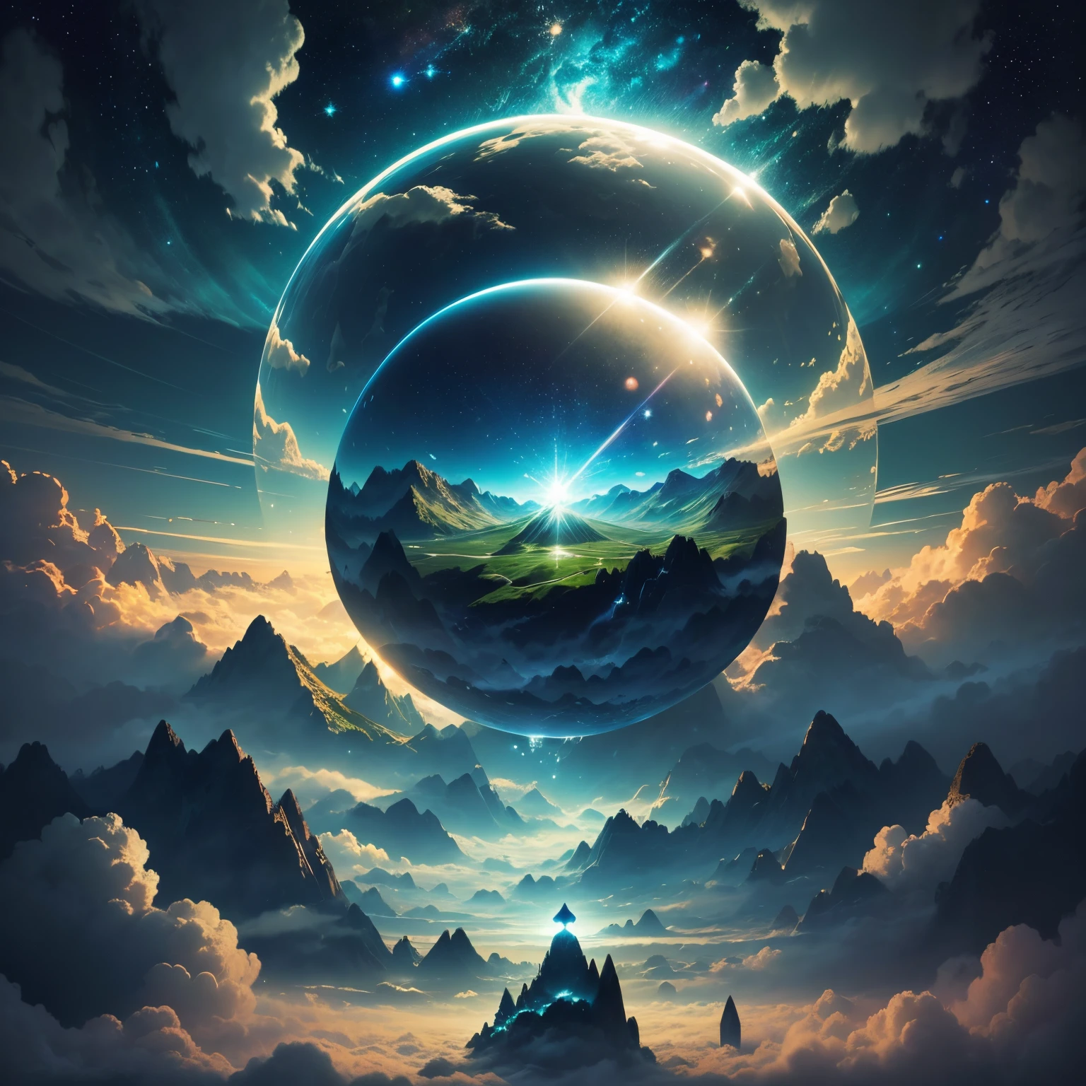 A giant mirror sphere floating in space, flickering lights, sad hamster lost (heaven like green fields surrounded by high mountains and clouds:1.3), particles in the air, god rays, stars in the background, intricate fractals, detailed, (illustration), masterpiece, high resolution, best quality.