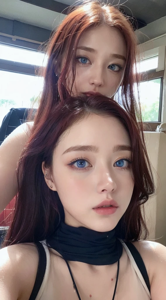 4 Beautiful handsome woman, ((top quality, 8k, masterpiece:1.retty woman, 1woman, huge breasts:1.3, slender figure:1.1, elastic red long hair, (shower, wet body, wet clothes:1.1), very detailed face, detailed lips, detailed eyes, double eyelids, detailed blue eyes, extremely detailed outstanding blue eyes, red wet hair, red wet hair, detailed outstanding BLUE EYES, innocent stare at the viewer, extremely wet wavy red hair, detailed outstanding BLUE EYES, raining outside