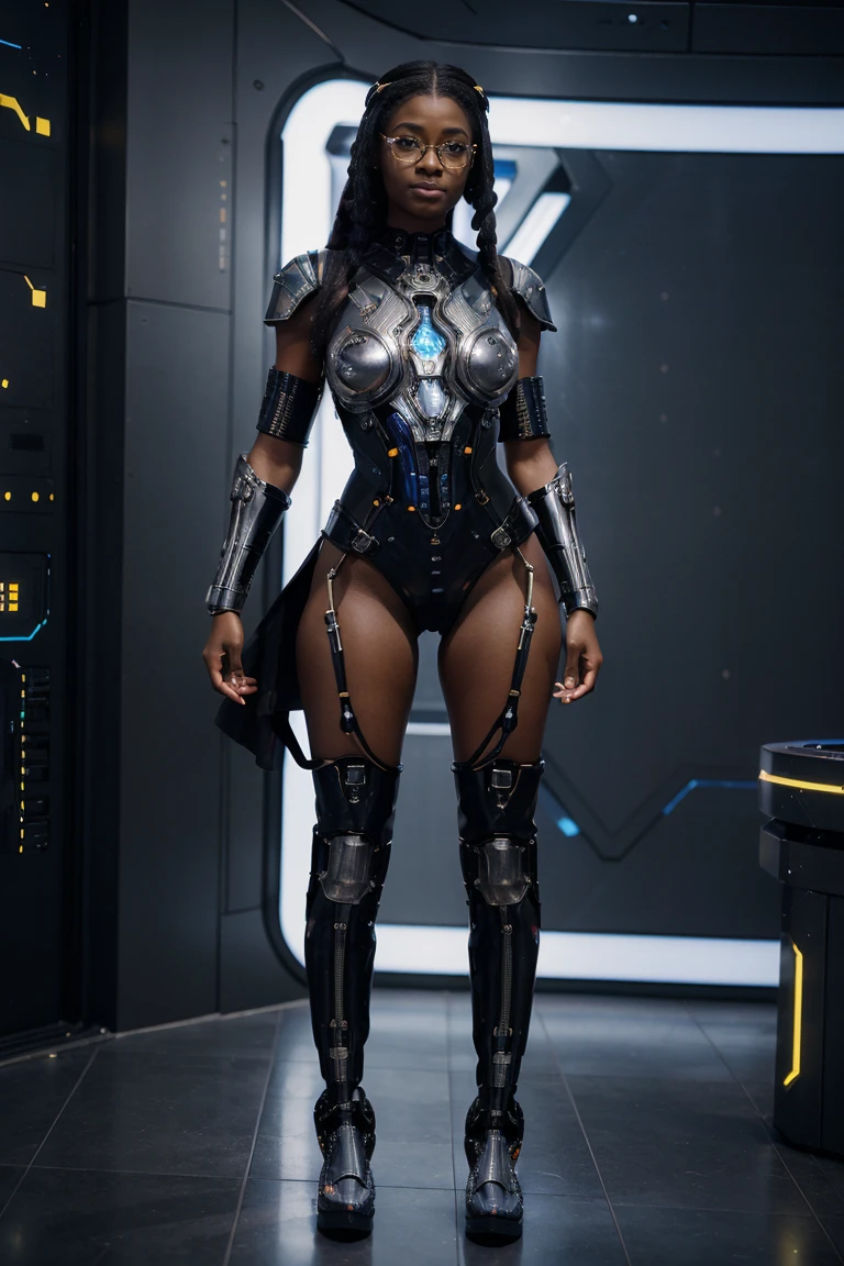 A sexy young (((Nubian woman))), elegantly attired in ((cybernetic armor)), featuring intricate designs and electronic motifs, accessorized with ((spectacles)) and ((cybernetic boots)), the Superman symbol adorning her armor, advanced cybernetic systems visibly integrated into her body, a full-length view evoking a sense of futuristic technology and style