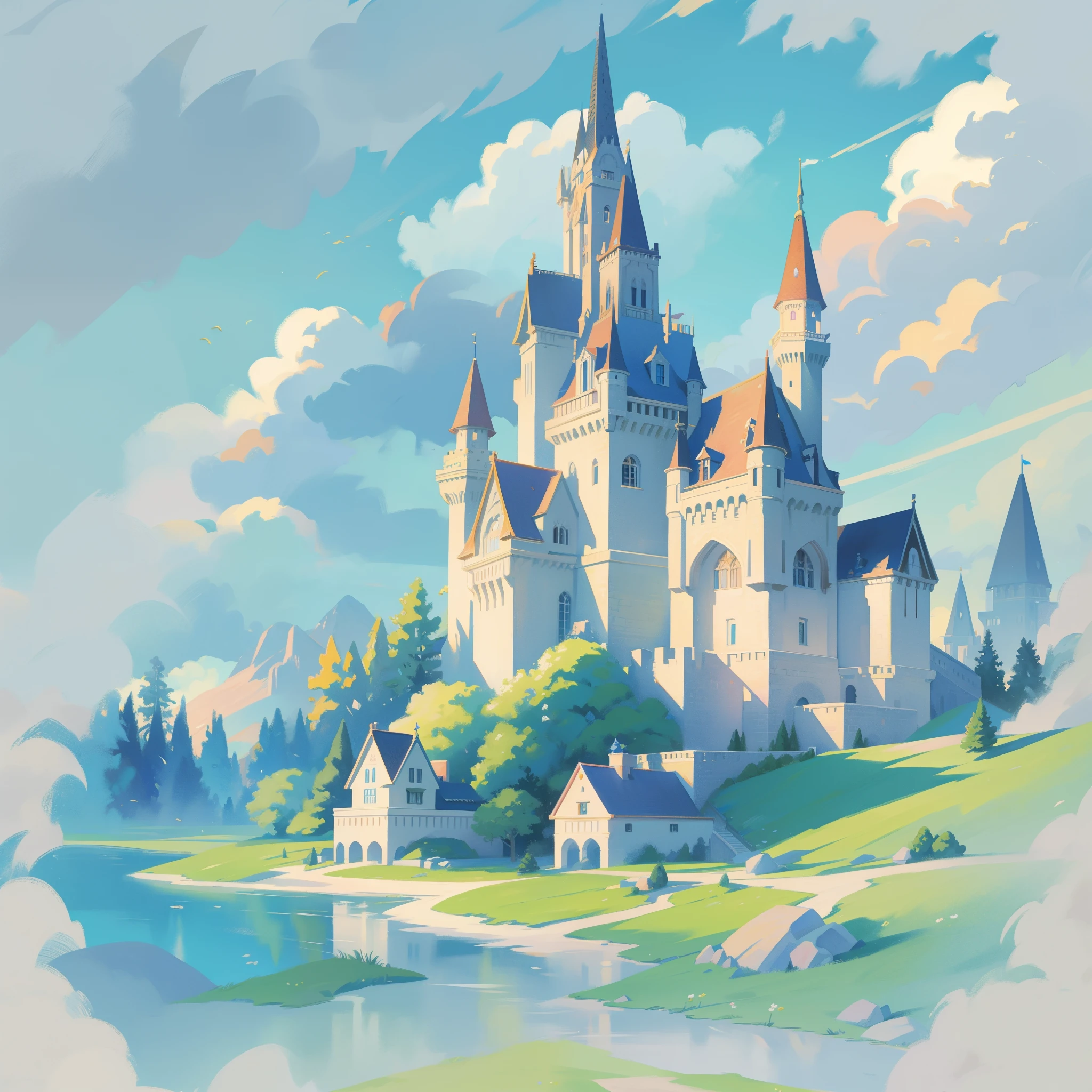 picture book illustration, watercolor storybook illustration, princess castle, fairytale castle, fairytale towers, clouds, vibrant pastel colors, dream, colorful, whimsical, magical, masterpiece, best quality, sharp focus, intricately detailed environment, fine detail, 8k resolution