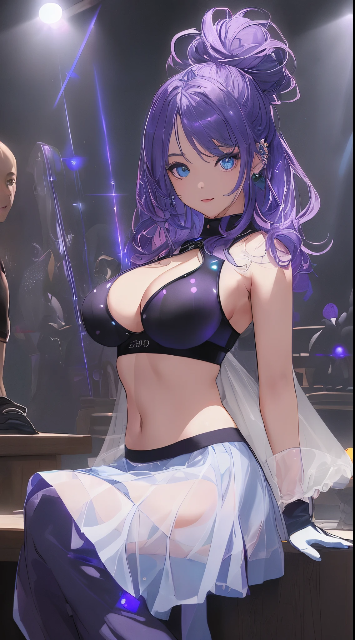 top-quality、Top image quality、masterpiece、Girl vs((Cute Turtle、20yr old、best bust、medium chest circumference、Bust 85,A beautiful Blue eyes、Breasts wide open,cabelos preto e longos、A slender one、middle knot、Black sports bra、blue trouser、White transparent skirt,Reflecting the whole body、Black pierced gloves))high high quality、beautiful art、Background with((club、Blue light、Multiple purple laser dots、Health club、natta)),On the table、carefully designed、visual art、depth of fields、The best lighting、The most detailed、8k