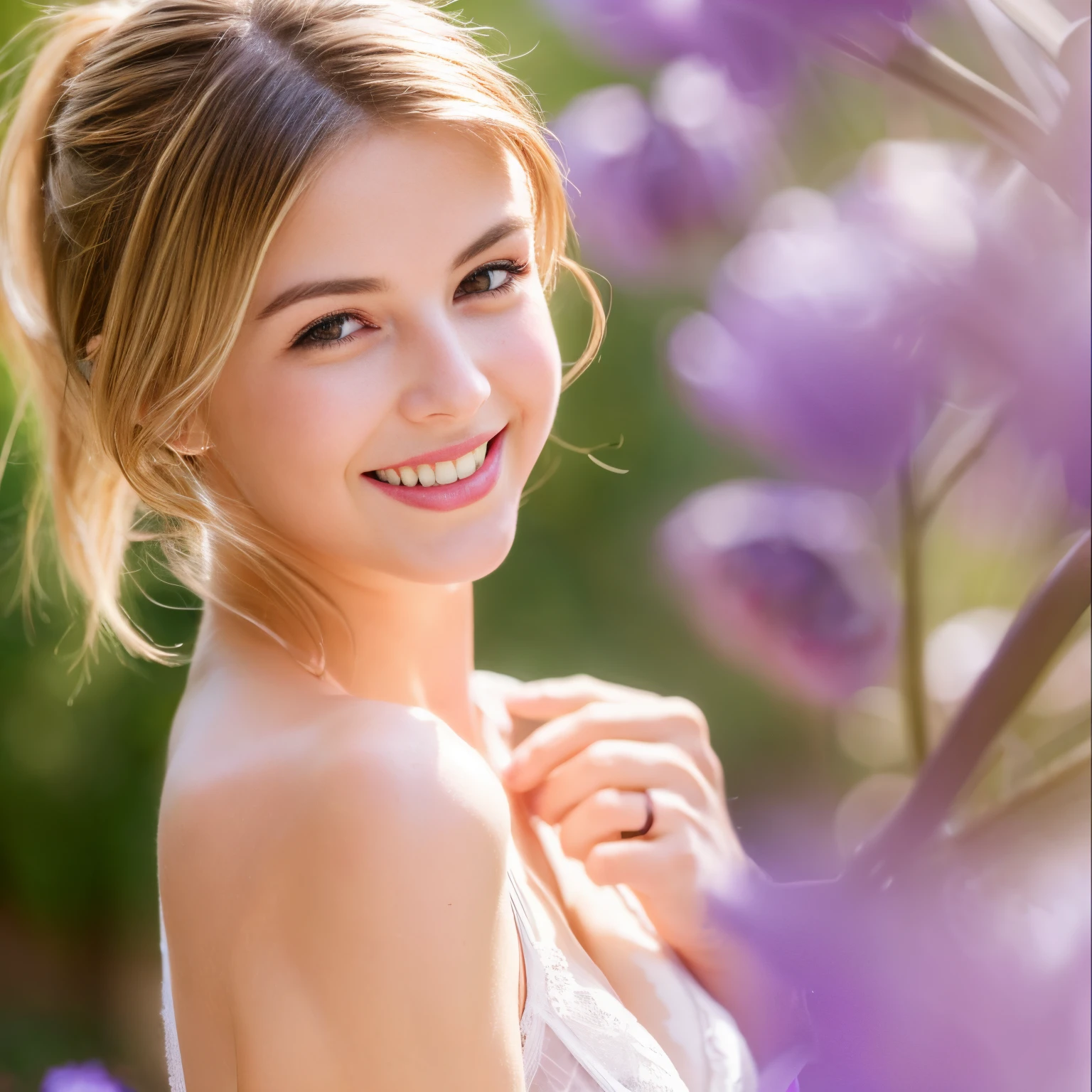 (front focus), Hyperrealist,1 pretty girl,white skinned,brown hair,looking at viewer, beautiful small chest, France, pony tail, happy smile, sports, pulling, dynamic, in love, joyful, singing, coconut, artist, aesthetic, tapping, lavender, sexy pose red lingerie, Victoria's secret, princess, 18yo, shirt