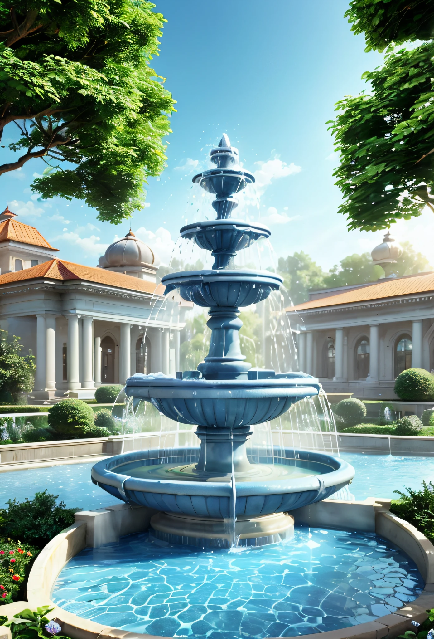 (best quality,ultra-detailed,photorealistic:1.37), 3D rendering, (water fountain, sunlight, sculptural masterpiece, peaceful garden, realistic textures, architectural elements