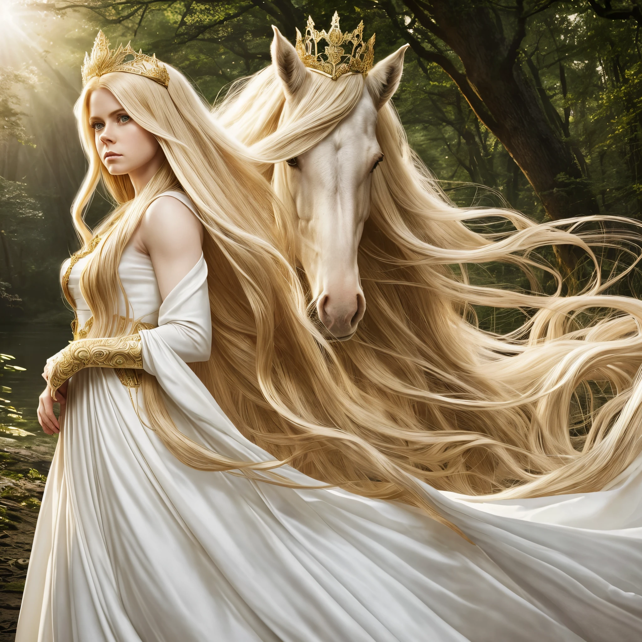 AMY ADAMS, FEMALE ELVE, 20 YEARS OLD , LONG WHITE DRESS, GOLD TIARA, GOLD DETAILS, GOLD GAUNTLETS, HORSE, HUGE LONG HAIR, BLOND HAIR, PALE SKIN, DETAILED ELVE EARS, MITHOLOGY, SUN, RIVER, FORREST, ROMANTISM, MAGIC, POWERS, HIGH DETAILED IMAGE, MASTER PIECE OF ART