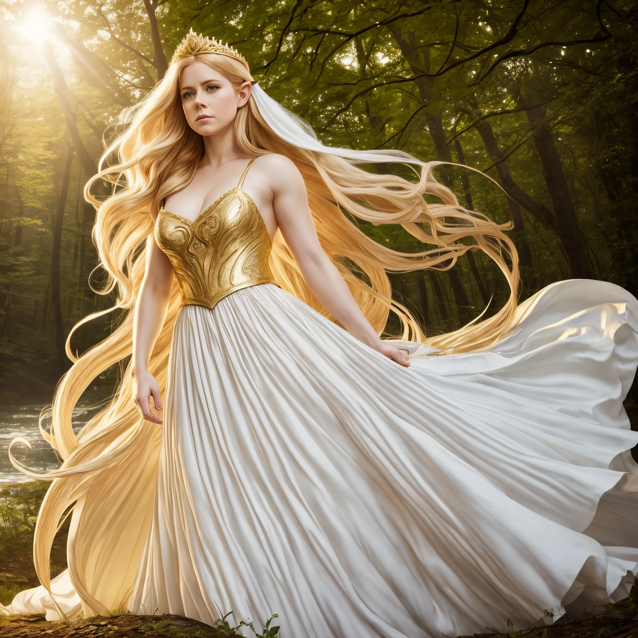 AMY ADAMS, FEMALE ELVE, 20 YEARS OLD , LONG WHITE DRESS, GOLD TIARA, GOLD DETAILS, GOLD GAUNTLETS, HORSE, HUGE LONG HAIR, BLOND HAIR, PALE SKIN, DETAILED ELVE EARS, MITHOLOGY, SUN, RIVER, FORREST, ROMANTISM, MAGIC, POWERS, HIGH DETAILED IMAGE, MASTER PIECE OF ART