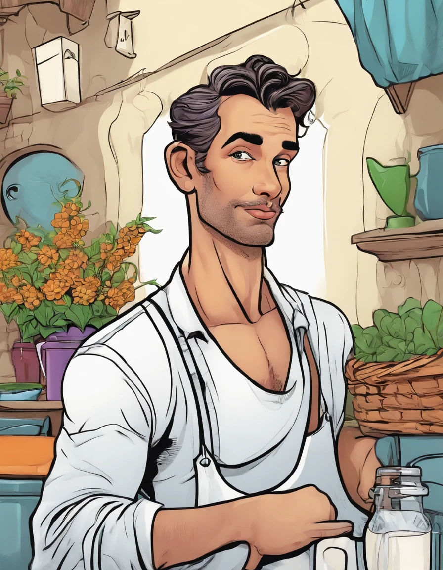 Comic line art of a milk man with a coy expression, in the style of Anthrox studio, style raw. Vivid colors