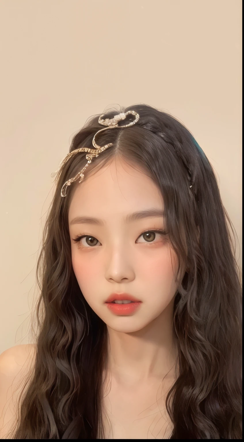 a close-up of a woman with a hairband on her head, com cobras para cabelo, suas muitas cobras como cabelo;, 2 0 2 0 moda, cobras para cabelo, jennie blackpink, dama de cara de cobra, misturado com cobra, Yanjun Chengt, Facial accessories, with the head of a snake, Snake woman hybrid, young cute wan asian face