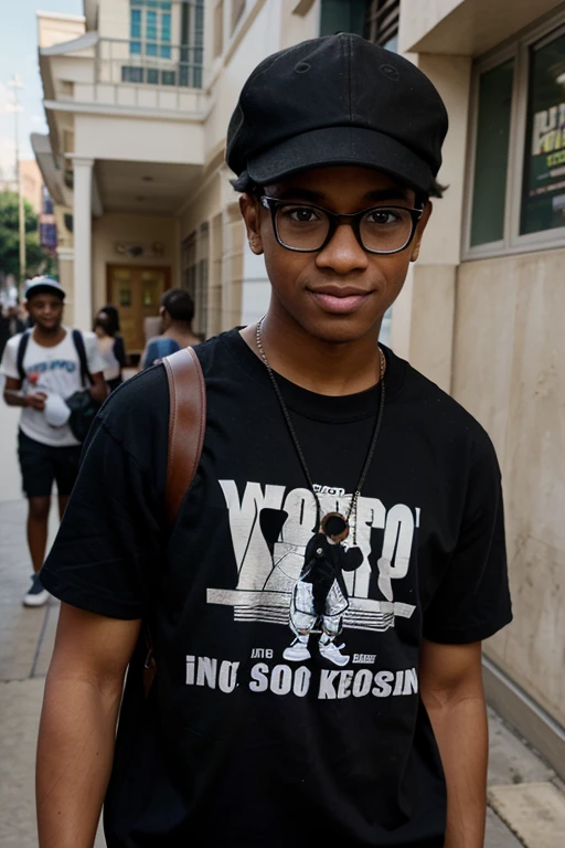gerar uma imagem disney pixar de um jovem negro estudando em uma escola publica, who is dressed in street clothes with a cap and prescription glasses