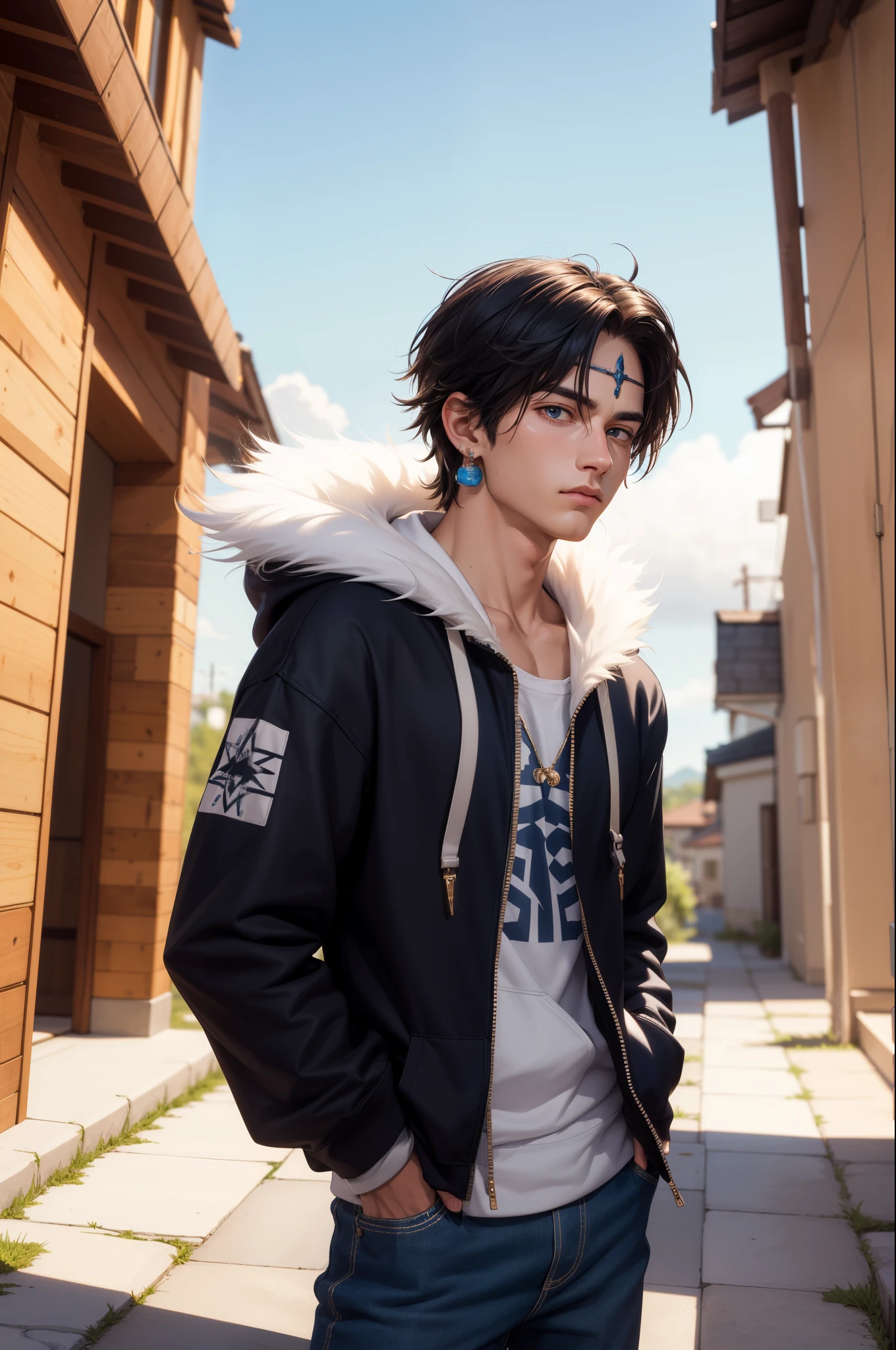 (masterpiece, best quality:1.2), cowboy shot, solo, male focus, 1boy, upper body, chrollo lucilfer, expressionless, closed mouth, hands in pockets, fur trim, wearing Streetwear Hoodie, dinamic lighting, jewelry