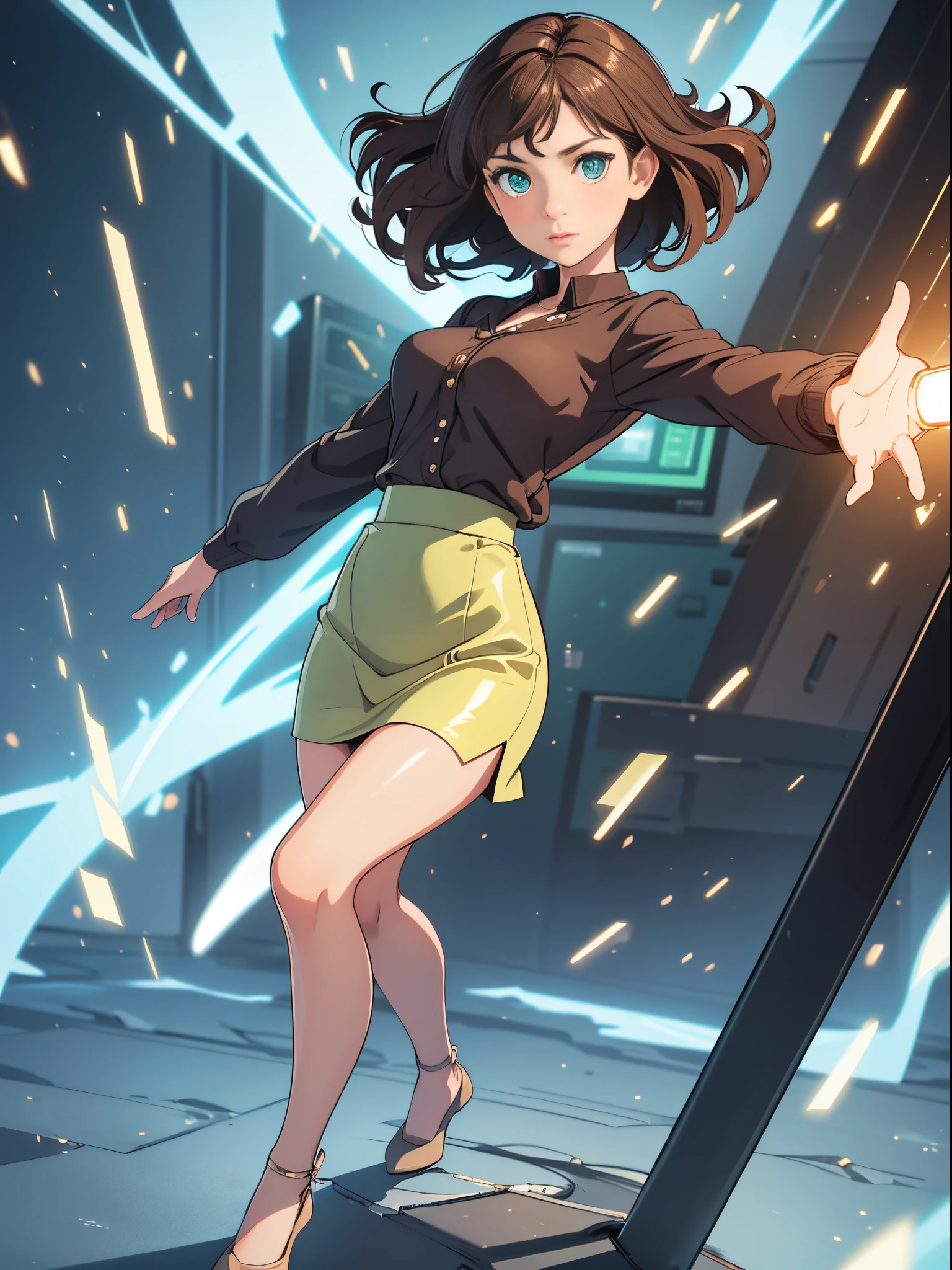 1girl, beautiful detailed eyes, office lady, mature woman, brown hair, wavy hair, short hair, green eyes, beautiful detailed eyes, skirt, pencil skirt, bare legs, shoes, standing, glowing body, light surrounding her body, light particles, perfect ???????, cowboy shot, full body shot, outstretched arms, superpower, solo, single.