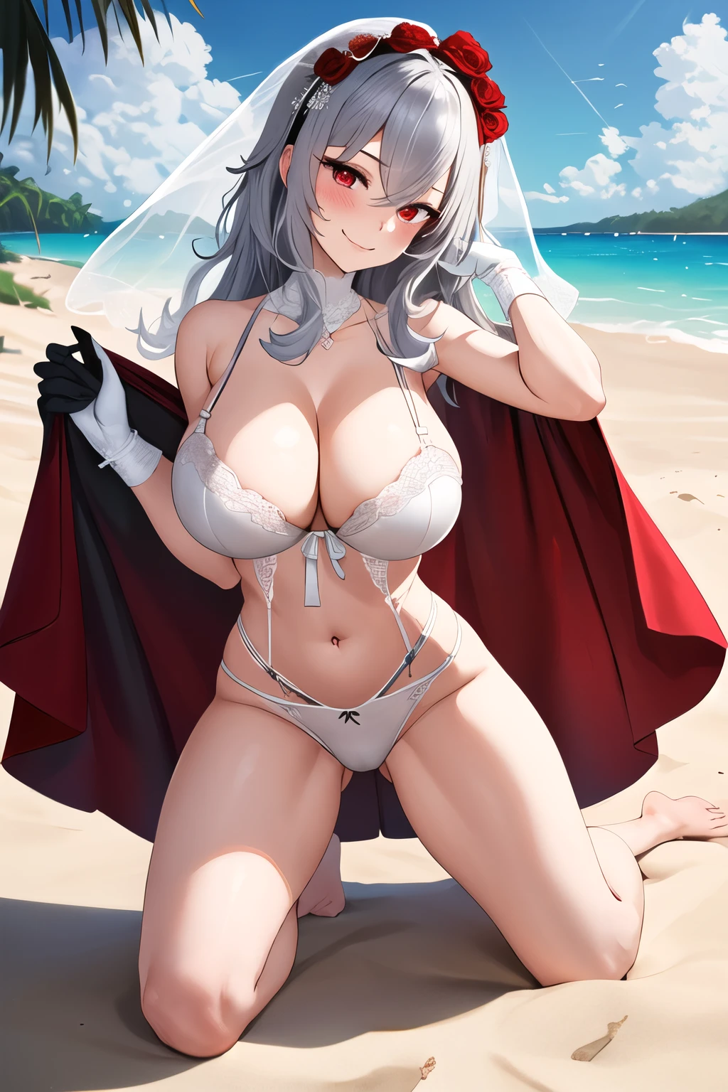 masterpiece, best quality, highres, high_definition, long hair, a beach, 1girl, solo, a woman in a sexy bridal lingerie, white glove, sexy pose, blush, little smile, bangs, hair_between_eyes, red eyes, grey hair, veil, gigantic breasts, very long hair, full body,
