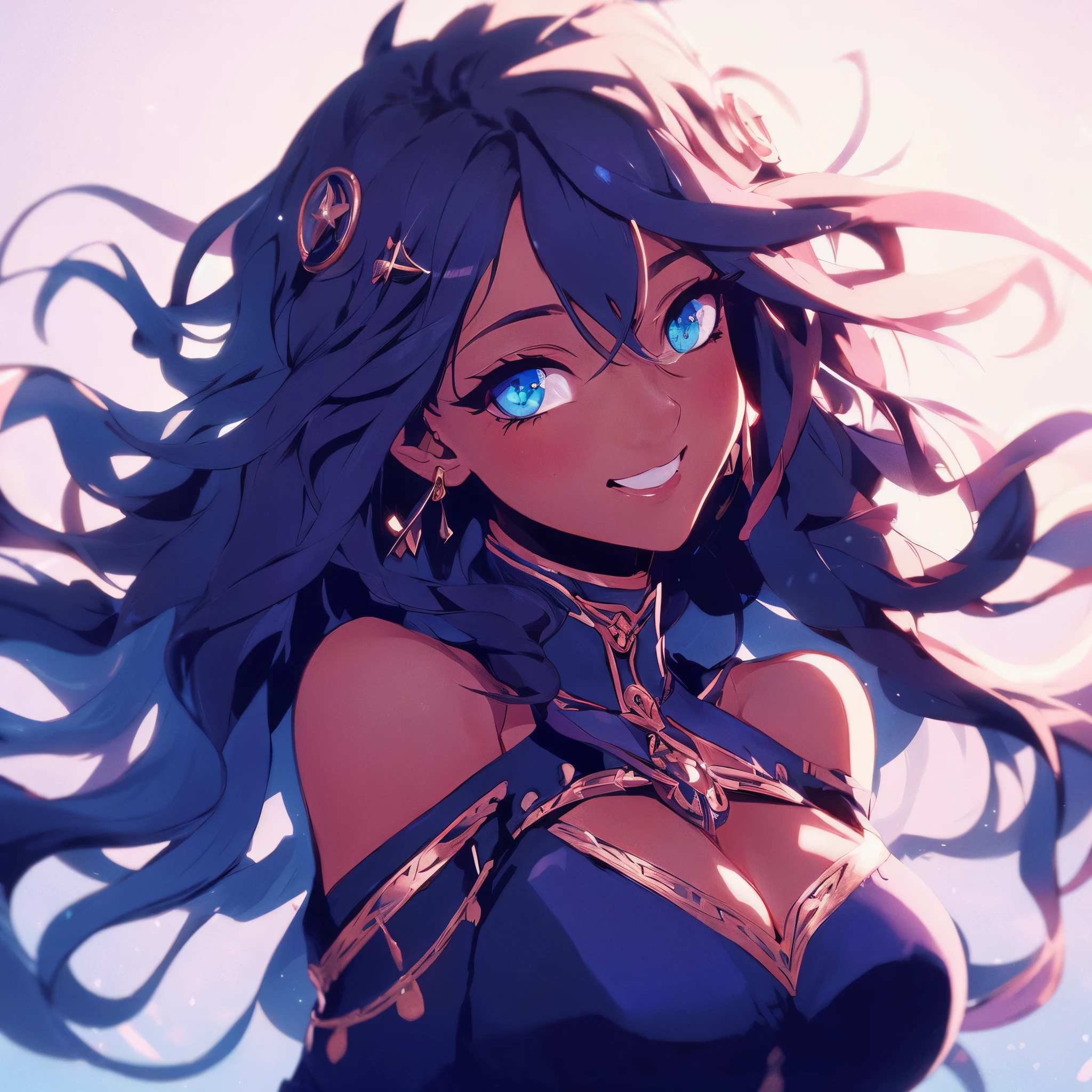 ((masterpiece)), ((best quality)), ((anime profile style)), ((HD 4k)), ((anime character)), 1girl, dark skin tone, eyes, Eyelid, Pupil , Sclera, Iris, eyebrow, eyelashes, ear, nose, giant hair, neck, shoulders, medium breasts, casual