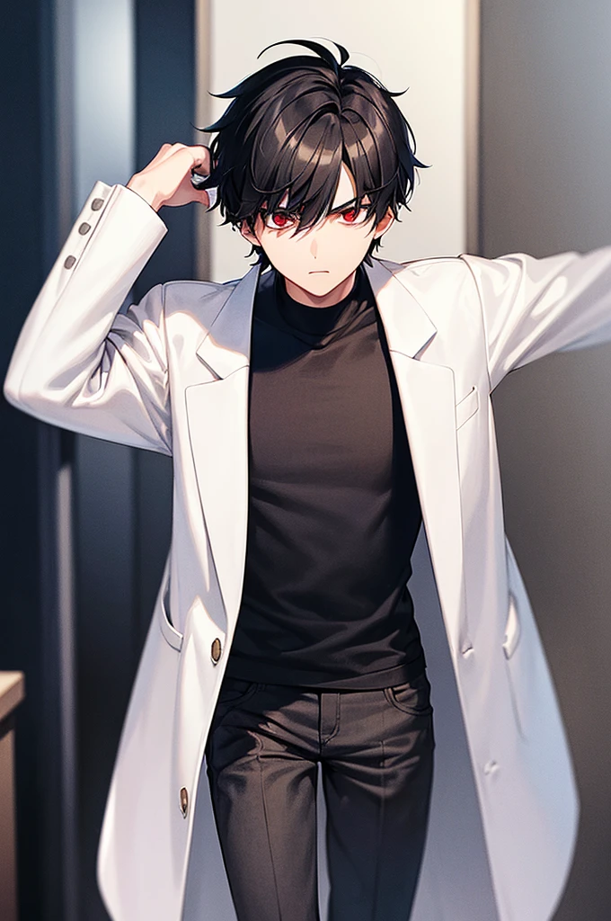 1boy,short black hair , red eyes , Plan white shirt Meet Written on it , black jeans , 8k , best quality , age bit Older , Wear a black coat , Serious Face Expression ,