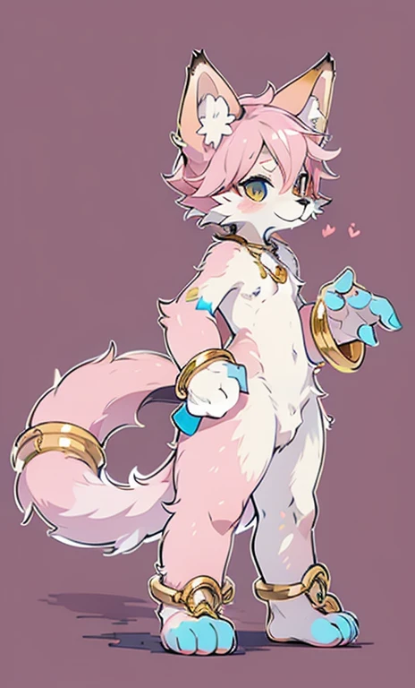 with pink hair，Gold anklet，catss，red tail ring，Body with blue pattern，furry，Handsome