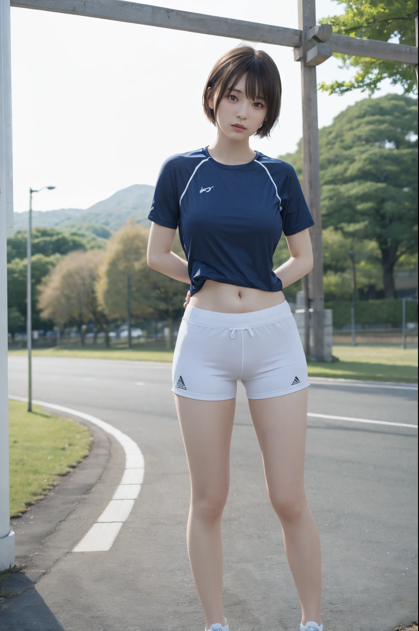 8K、ultra res、Top image quality、realisitic、Delicate skin、japanes、Jogging Wear、28 year old、sports wear、Jersey、Colossal tits、short cut hair、Cross your arms behind your back