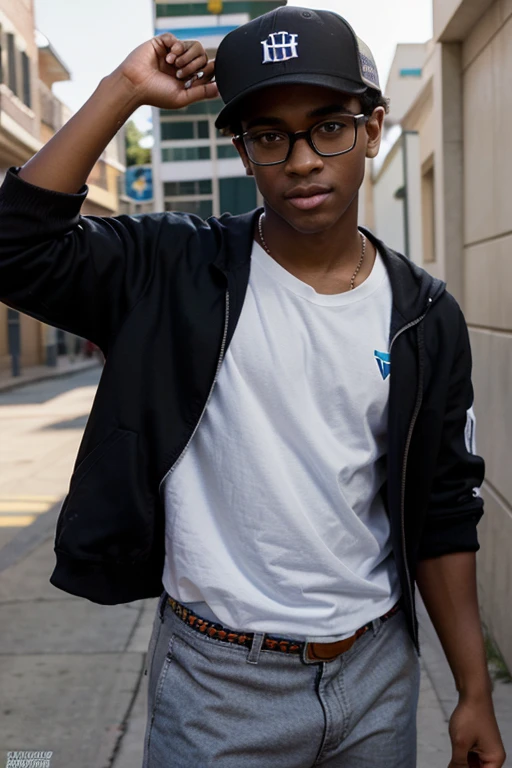 gerar uma imagem disney pixar de um jovem negro e brasileiro estudando em uma escola publica, who is dressed in street clothes with a cap and prescription glasses