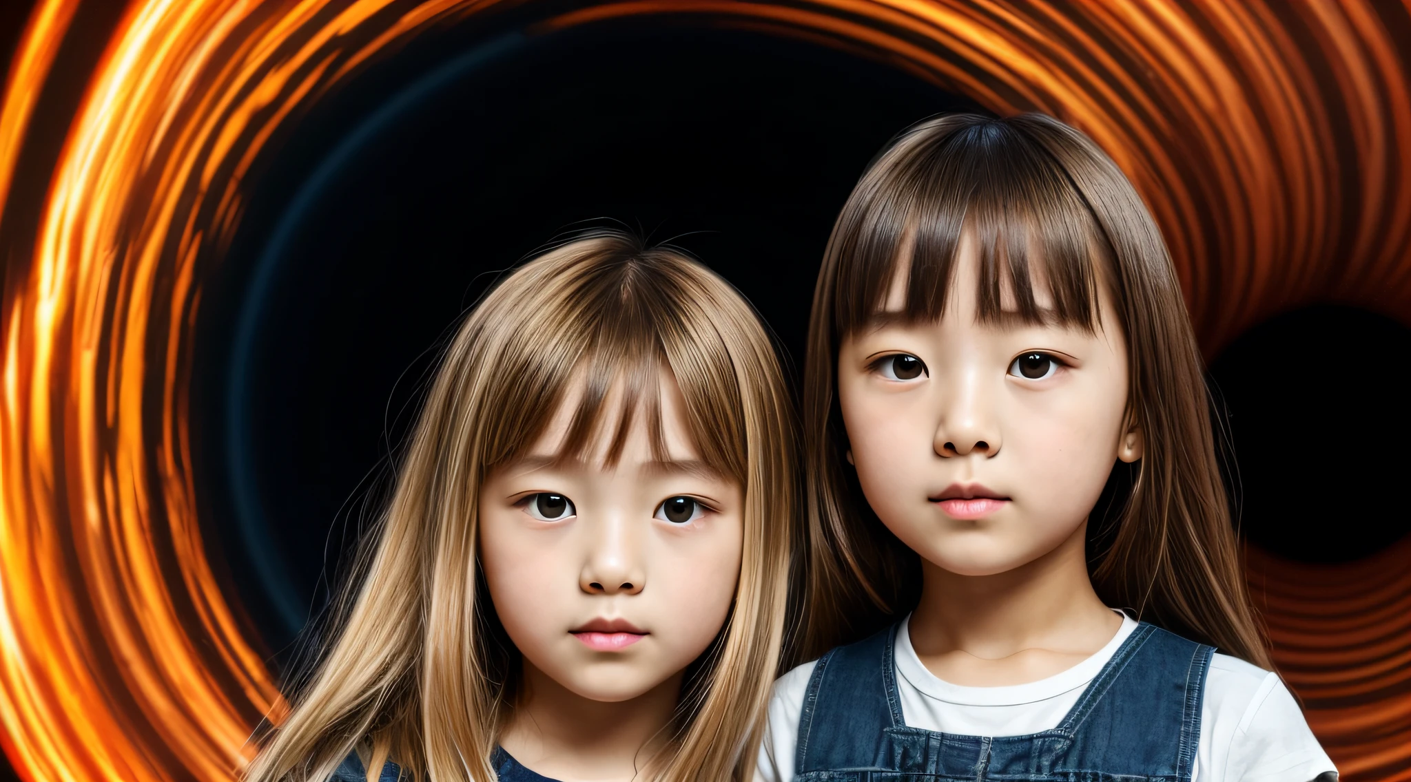 BLACK HOLE, there are two CHILDREN girls BLONDE HAIR in front
