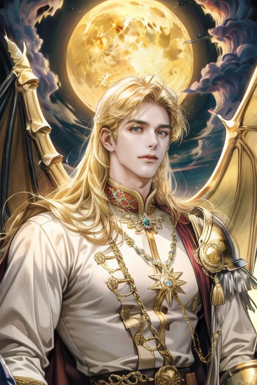 absurdres, highres, ultra detailed), 1 male, adult, handsome, tall muscular guy, broad shoulders, finely detailed eyes, looking down, solo, upper body, detailed background, detailed face, moon, light smile, no top anything, gold waist chain, bright gold belt, medieval fantasy setting, metal armor,high fantasy, heaven, dragon,cloud, angel, moon, star, fantastic, closed mouth, upper body, golden long hair, golden eyes,Thick coating anime style