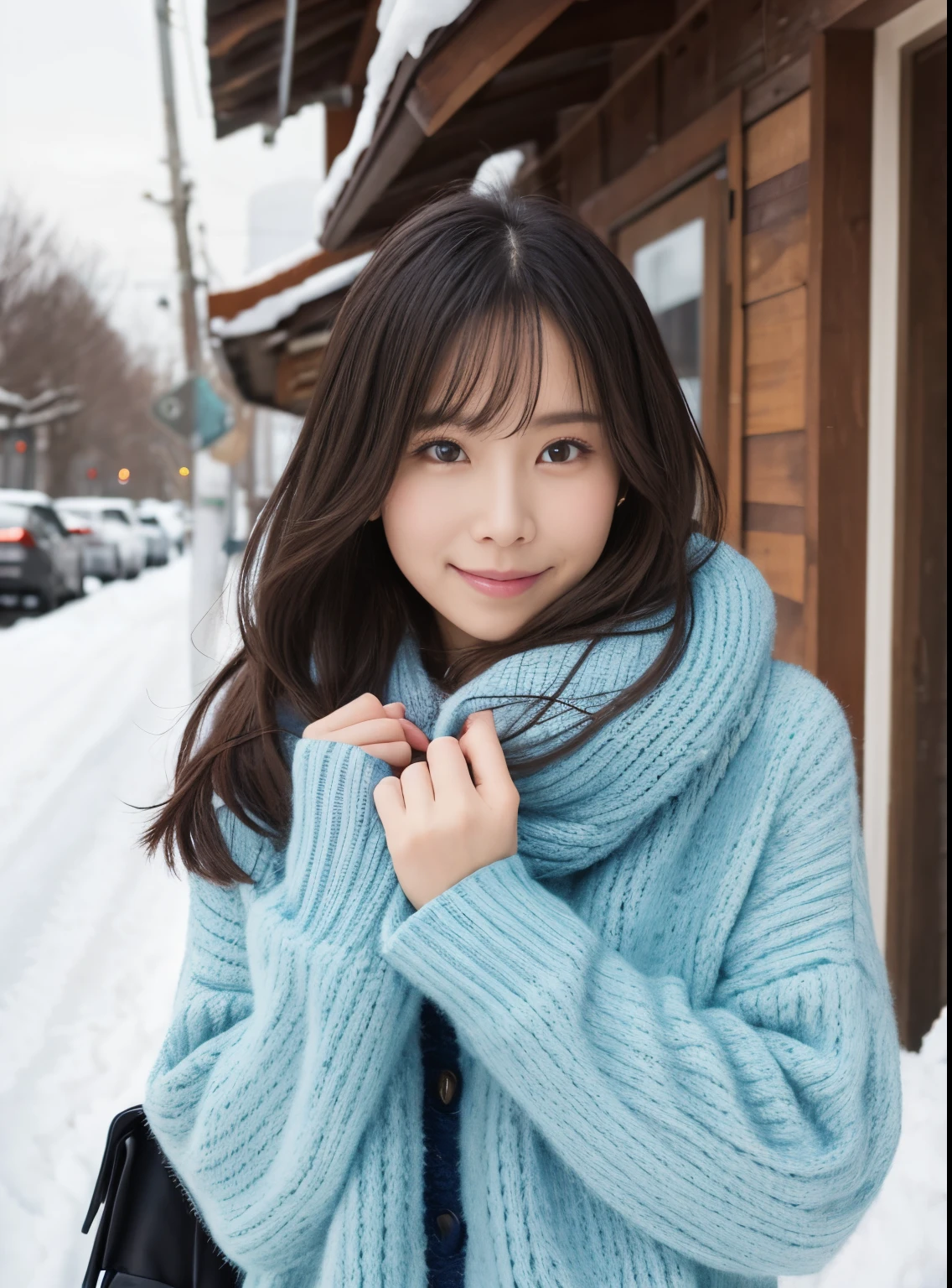 ulzzang -6500-v1.1, (Raw photo:1.2), (Photorealsitic), a beautiful detailed girl, (Real: 1.4), extremely detailed eye and face, beatiful detailed eyes,((Japan Girls Winterwear ))、((Wear ultra-realistic pantyhose)), selfee、Instagram、game_nffsw, huge filesize, hight resolution, ighly detailed, top-quality, [​masterpiece:1.6], illustratio, ighly detailed, nffsw, finely detail, top-quality, 8k wallpaper, Cinematographic lighting, 1girl in, 17 age, perfect body type, cute droopy eyes beautiful big eyes、Pieckfinger, ((masutepiece)), Best Quality, 1girl in, eye shadow, Portrait, ((FULL BODYSHOT:1.4))、(Very affectionate smile:1.2)、sitting on a rotten tree,((Dynamic Pose)), Snow and winter background, Playing in the snow, snowball,　realistic skin textures、shinny skin、Exposed thighs!!!