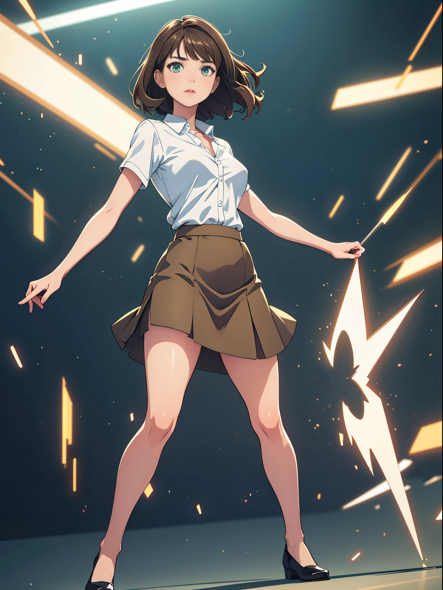 1girl, beautiful detailed eyes, office lady, mature woman, brown hair, wavy hair, short hair, green eyes, beautiful detailed eyes, skirt, pencil skirt, bare legs, shoes, standing, glowing body, light surrounding her body, light particles, perfect anatomy, perfect hands, cowboy shot, full body shot, outstretched arms, superpower, solo, single.