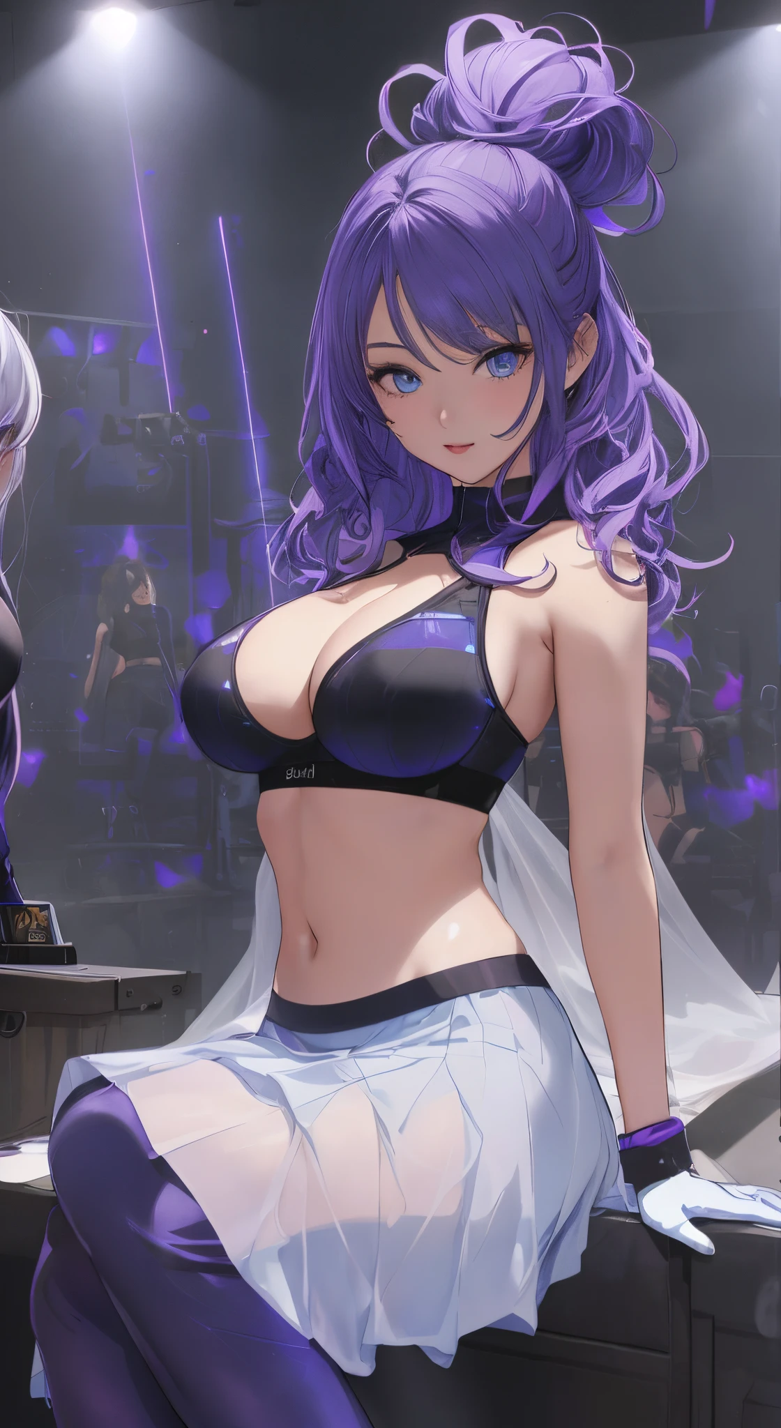 (Best quality at best,A high resolution,tmasterpiece:1.2),ultra - detailed,(actual,realisticlying,Photorealistic:1.37),sportrait, A beautiful Blue eyes, big open breasts, cabelos preto e longos, slimfigure, Medium waistline, Black sports bra, blue pants, White transparent skirt, Black pierced gloves, A 20-year-old girl, Best half-length photo, Reflecting the whole body, Cute little turtle, 2 girls, Bust 85,with a good figure, well-built, artistic background with (club, Blue lights, Multiple purple laser dots, gym room, during night), visual art, depth of fields, Highest quality lighting, 8K, One of the girls passionately kisses the purple-haired girl in front of the camera