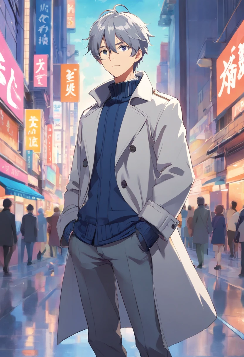 one male ager, adorable, captivating, messy silver hair, wearing a silver colored double-breasted coat with large cuffs that's open down the middle, standing on two feet, full body committee, 4k, ultra high resolution, delicate eyes, relaxed, arms crossed, gentle expression, softly smiling