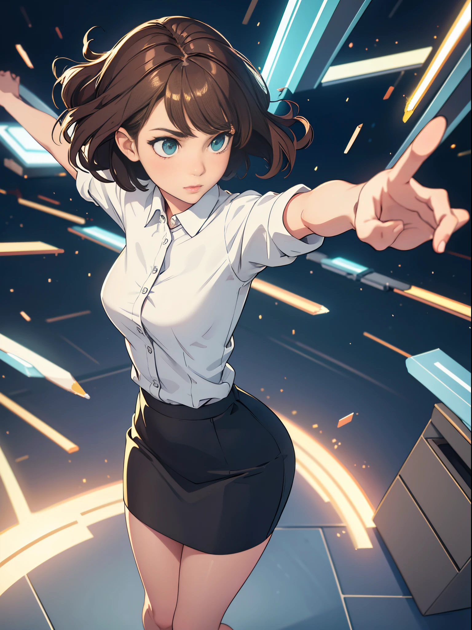 1girl, beautiful detailed eyes, office lady, mature woman, brown hair, wavy hair, short hair, green eyes, beautiful detailed eyes, skirt, pencil skirt, bare legs, shoes, standing, glowing body, light surrounding her body, light particles, perfect anatomy, perfect hands, cowboy shot, full body shot, outstretched arms, superpower, solo, single.