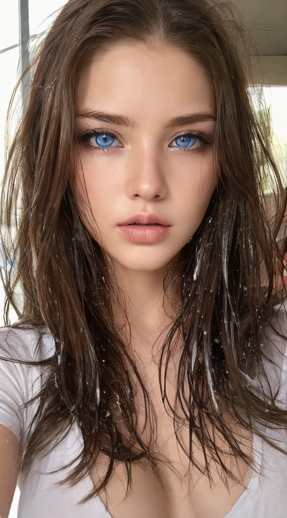 Beautiful handsome woman, ((top quality, 8k, masterpiece:1.3)), pretty woman, 1girl, huge breasts:1.3, slender figure:1.1, elastic red long hair, (shower, wet body, wet clothes:1.1), very detailed face, detailed lips, detailed eyes, double eyelids, detailed blue eyes, extremely detailed outstanding blue eyes, red wet hair, red wet hair, detailed outstanding BLUE EYES, innocent stare at the viewer, extremely wet red hair, detailed outstanding BLUE EYES, full height photo