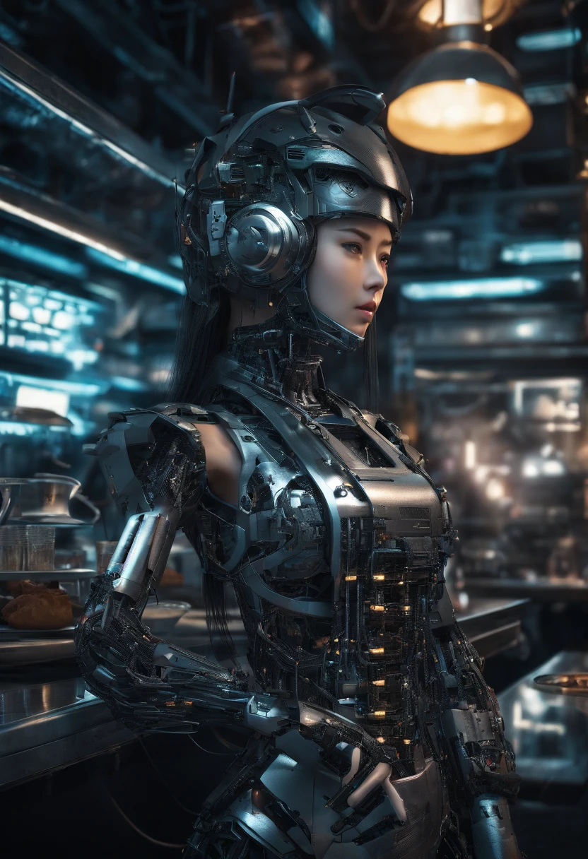 a young asian girl cyborg working as a chef in a futuristic restaurant, dark and gloomy, intricate details, interesting perspective, hdr