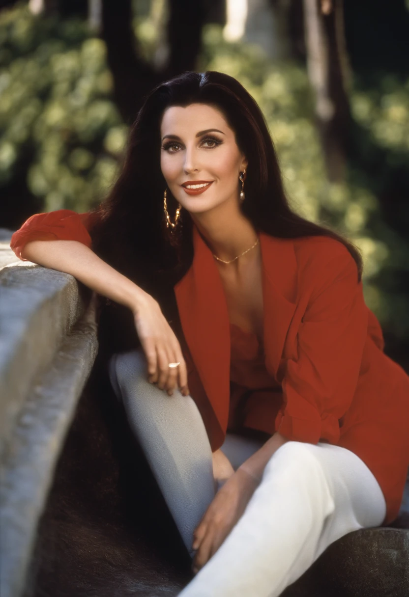 A photo of Cher hosting a classic movie marathon with her friends,Clueless,Cher Horowitz, the protagonist of the film “Clueless,” is a quintessential 1990s fashion icon, played by Alicia Silverstone. She is often depicted in stylish, trend-setting outfits that epitomize the high fashion of Beverly Hills s in the 90s. Her wardrobe is full of bright colors, plaid patterns, and designer labels, accessorized with headbands, knee-high socks, and platform shoes. Cher’s blonde hair and polished makeup contribute to her look as a fashionable and popular high school student. Her appearance is not just a reflection of her status but also an extension of her confident and outgoing personality.