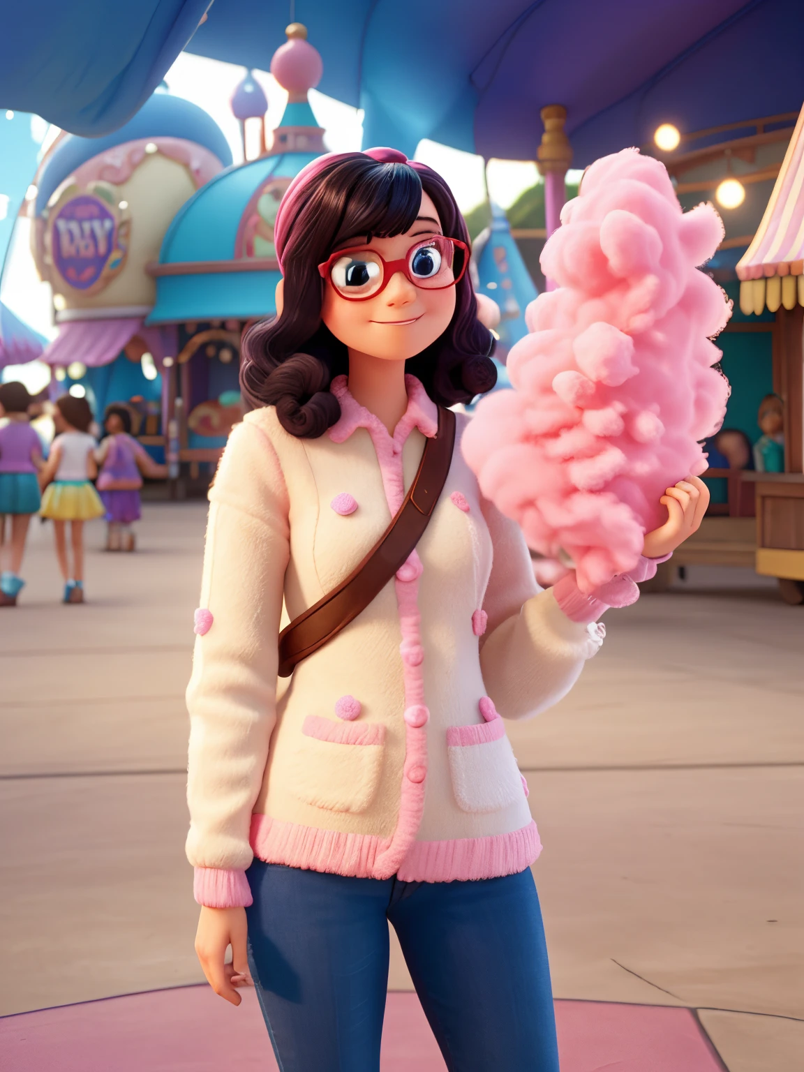 Pixar/disney type character, with a carnival in the background, holding her pink cotton candy. She is having fun. She has bangs and wears glasses and has black hair, with random red tip ends and a red highlight on the right, you should take the hair shape from the original image