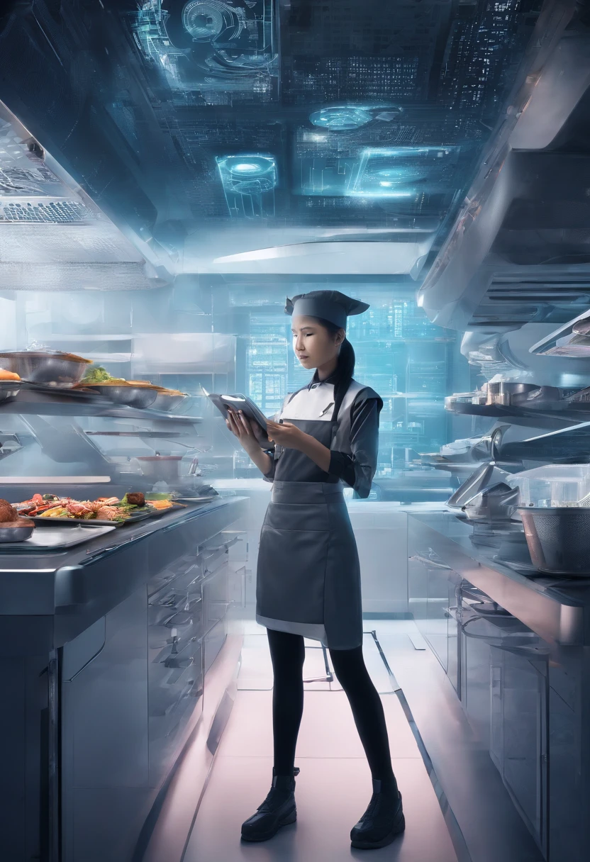 a young asian girl cyborg working as a chef in a futuristic restaurant, dark and gloomy, intricate details, interesting perspective, hdr
