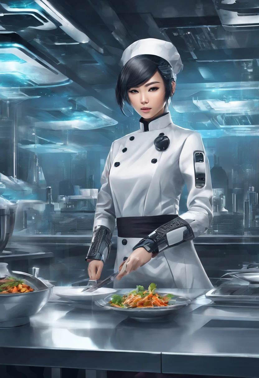 a young asian girl cyborg working as a chef in a futuristic restaurant, dark and gloomy, intricate details, interesting perspective, hdr