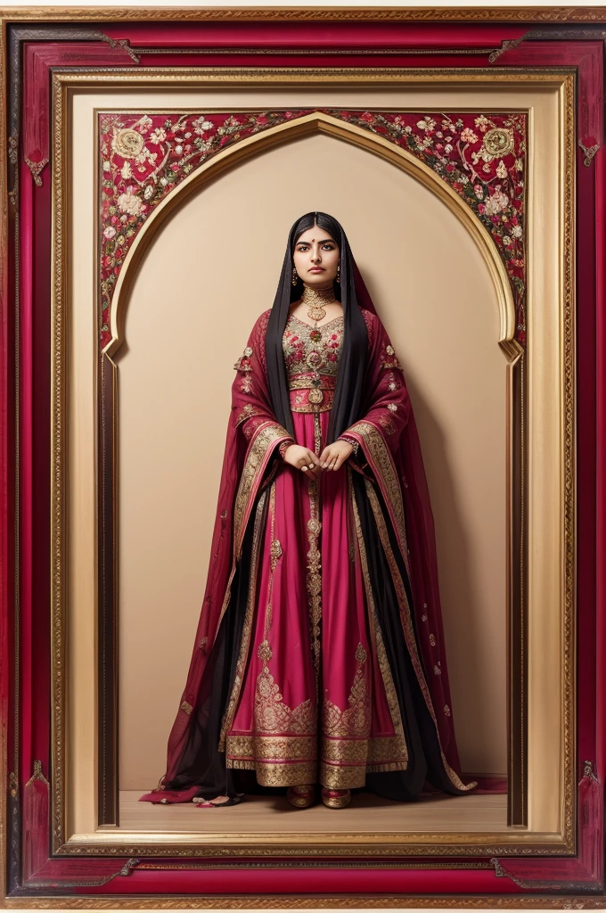 Persian Qajar period woman , in traditional red-pink clothes , background contains painting of nightingale among rose and peony flowers, floral frame , ((perfect rectangular frame))