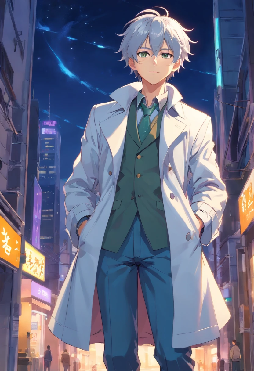 one male teenager, adorable, captivating, messy silver hair, wearing a silver colored double-breasted coat with large cuffs that's open down the middle, standing on two feet, full body committee, 4k, ultra high resolution, delicate eyes, relaxed, arms crossed, gentle expression, softly smiling