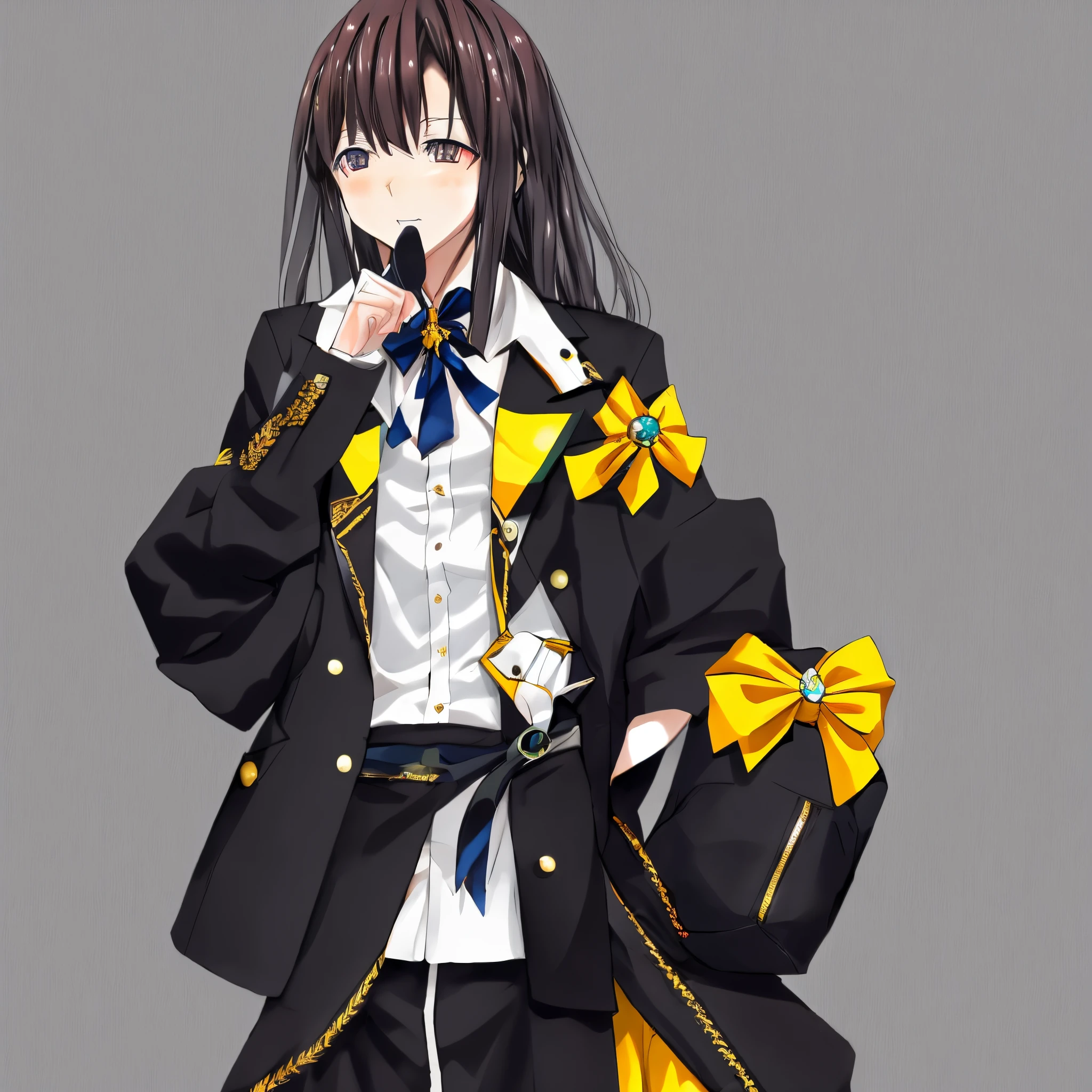 Anime girl with long black hair, black eyes, black baggy and long suit with a yellow tie, black skirt