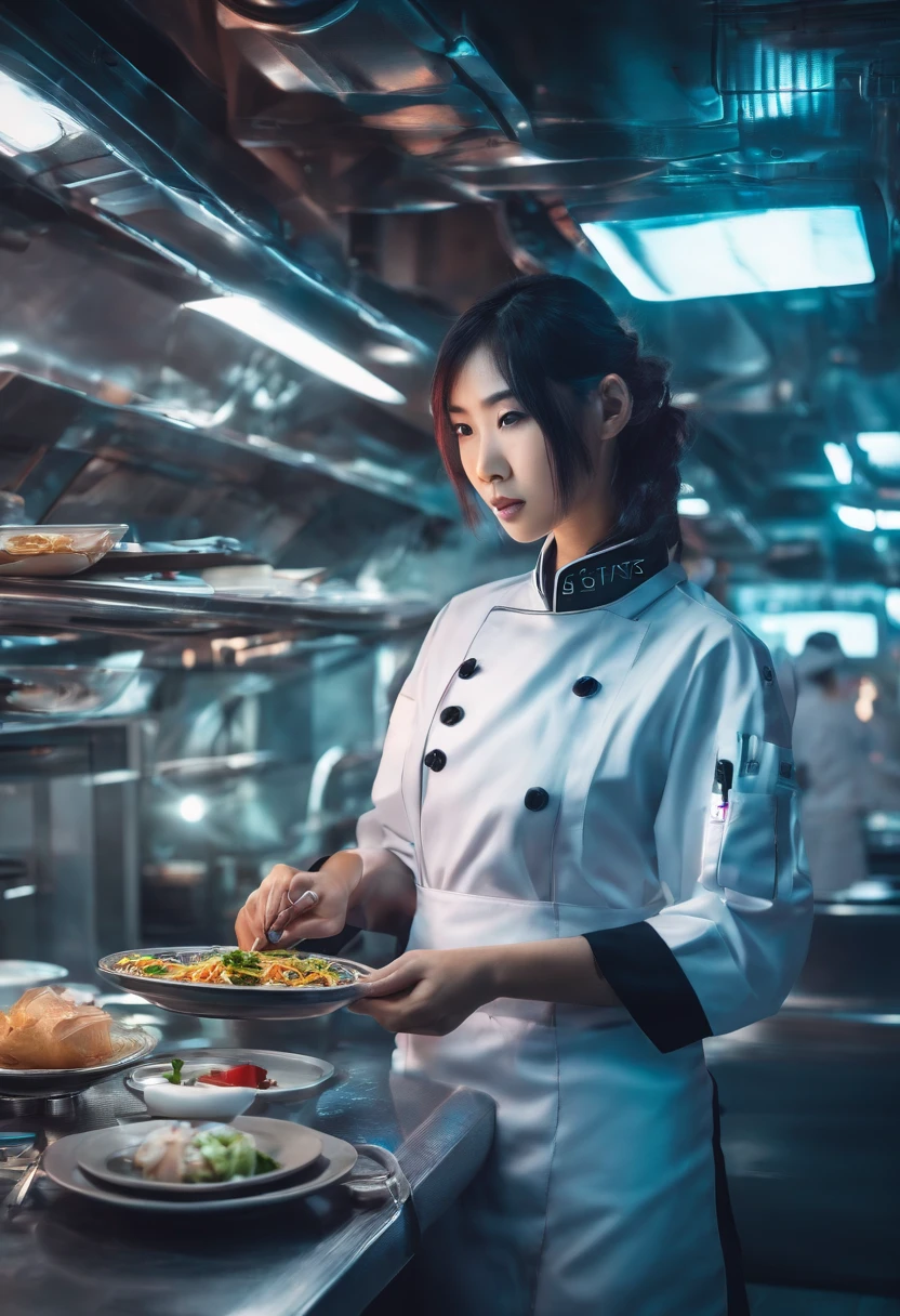 a young asian girl cyborg working as a chef in a futuristic restaurant, dark and gloomy, intricate details, interesting perspective, hdr