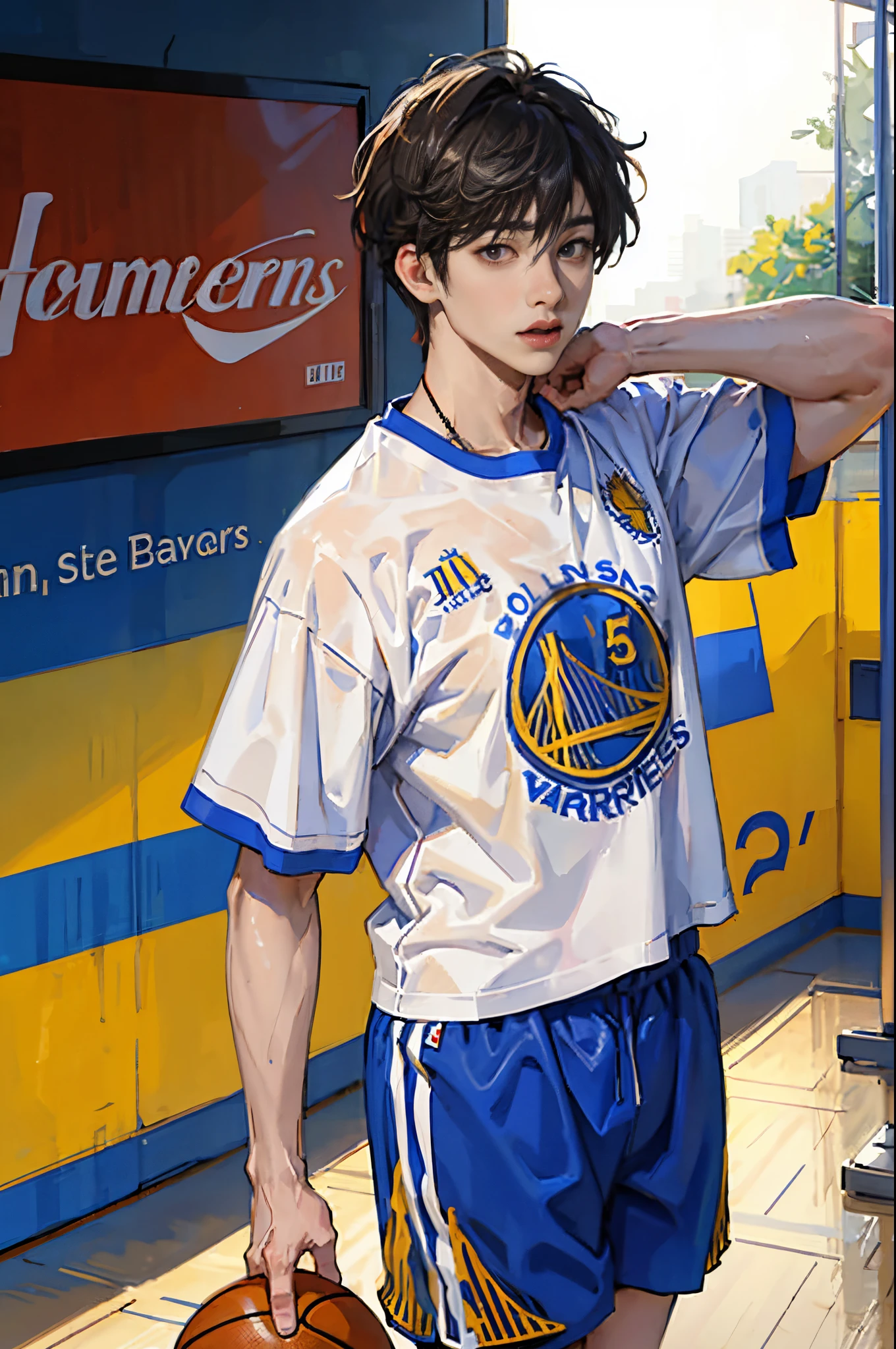 Jungkook do BTS com a camisa 30 do Golden State Warriors jogando coma partida de basquete
