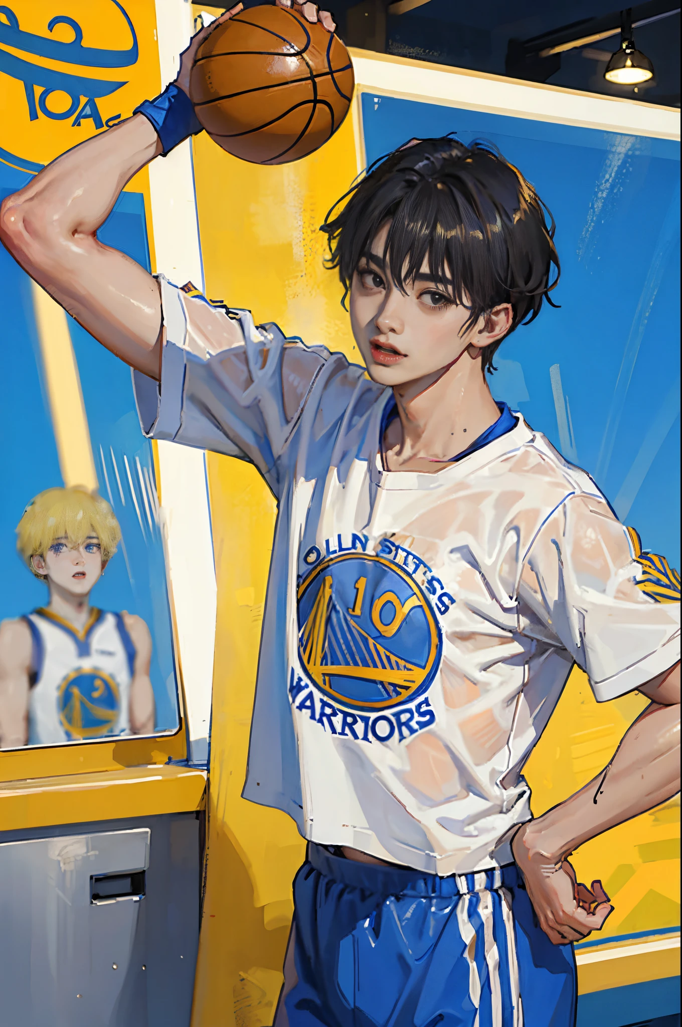 Jungkook do BTS com a camisa 30 do Golden State Warriors jogando coma partida de basquete