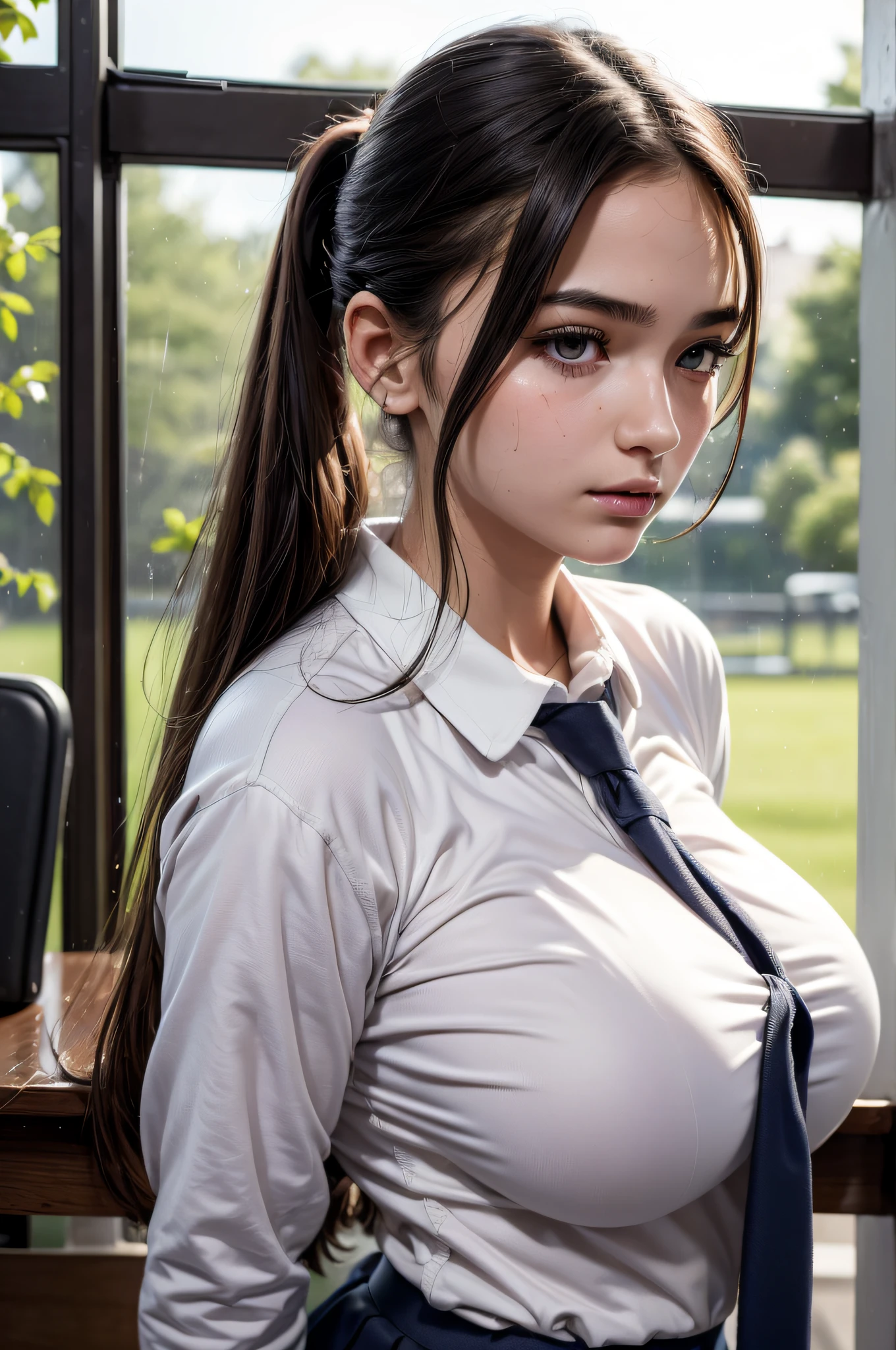 (RAW photo: 1.2), (photorealism: 1.4), top quality, beautiful detailed girl, huge file size, high resolution, 8k wallpaper, fine detail, highly detailed ticker uniform 8k wallpaper, hyper realistic, super detail, masterpiece, 16 year old girl, very detailed eyes and face, beautiful detailed eyes, light on face, movie lighting, sexy pose, varied pose, brown ponytail hair, beautiful gigantic breast, school PA uniform, ((school PA uniform in school gym)), standing, shot from below, school gym, rainy days, dark sky, ((she is sweating))