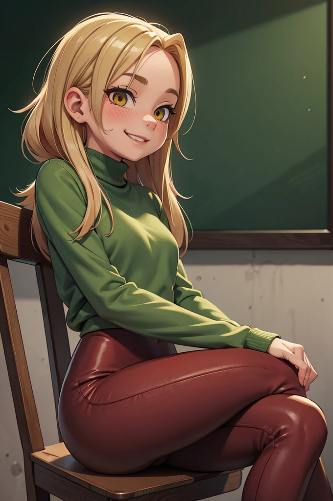 1girl, solo, 16 years old, loose blond hair, wearing dark red velvet leggings and a green sweather, sitting on a chair in classroom, crossing legs, smiling embarassed, side view, bare forehead, hooked nose, puffy cheeks, small breast, lustful, alluring, flirty, confident, detailed face, detailed yellow eyes, detailed irises, thick fleshy lips, medieval, ecchi, high res, best quality, ultrasharp, 8K, masterpiece, cinematic, breedable, submissive, sexy, green wall behind