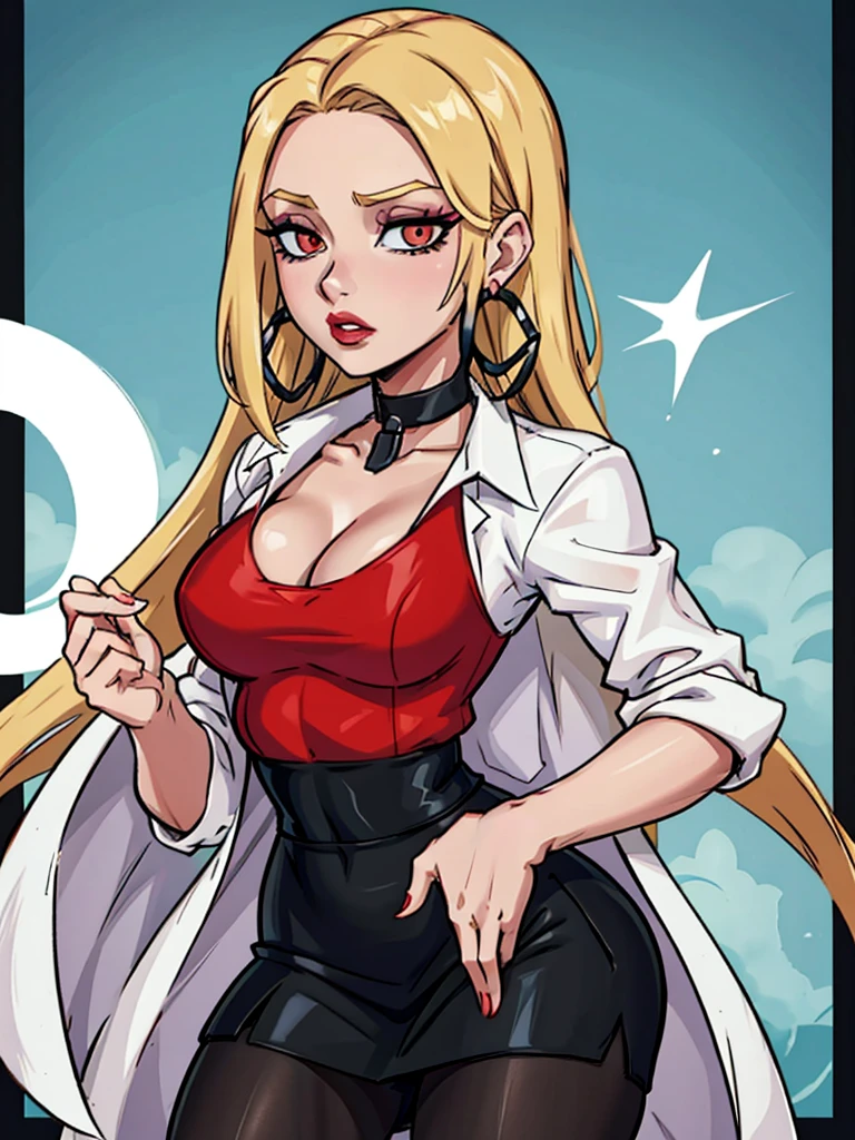 "Oleana from Pokemon, wearing a red shirt, with a hint of cleavage, in a black skirt and pantyhose. She has a white coat, well-done makeup, lipstick, and is styled in a pencil skirt. Completing her look is a choker and hoop earrings. She is depicted solo and the setting is in a corporate office."