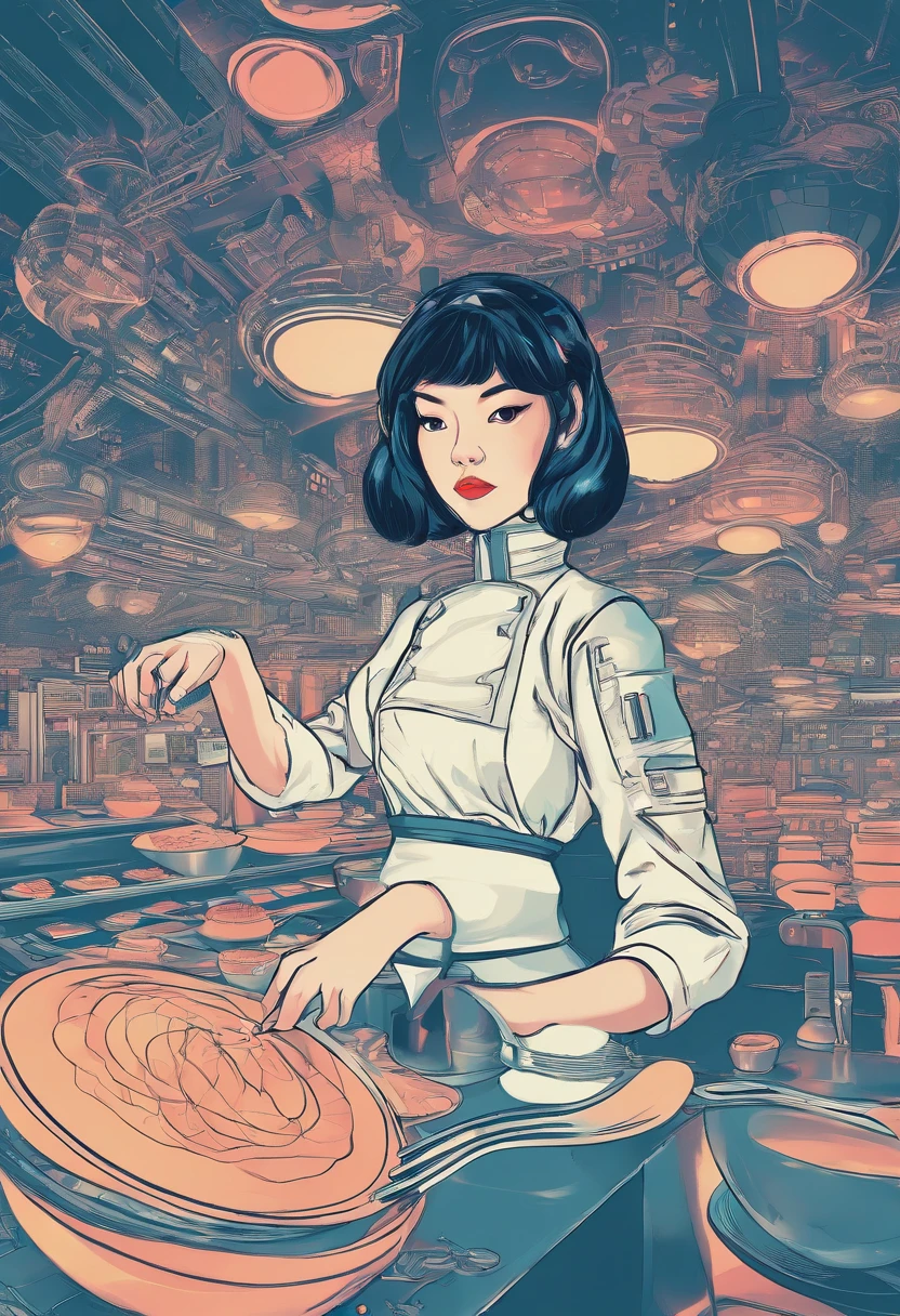 a cute beautiful young asian girl cyborg working as a chef in a futuristic restaurant, dark and gloomy, intricate details, interesting perspective, hdr