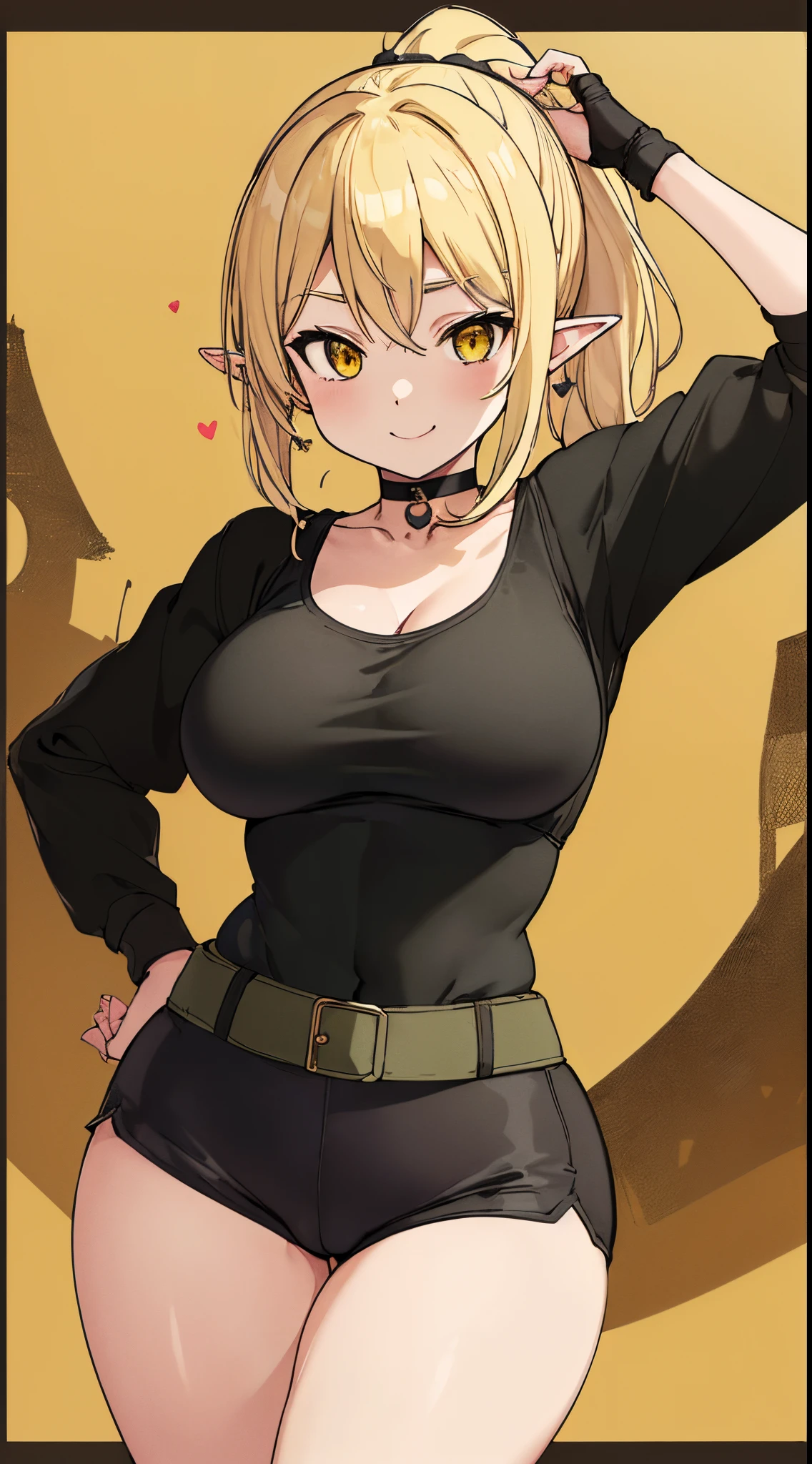masterpiece, best quality, highres, ((Slim thicc waifu:1.3)), large breasts, elf, yellow eyes, blonde hair in short high ponytail, (black choker), (black spandex shorts), (green tank top), jewelry, (black jacket), open clothes, long sleeves, cowboy shot, standing, field, smile, hands on face, hearts