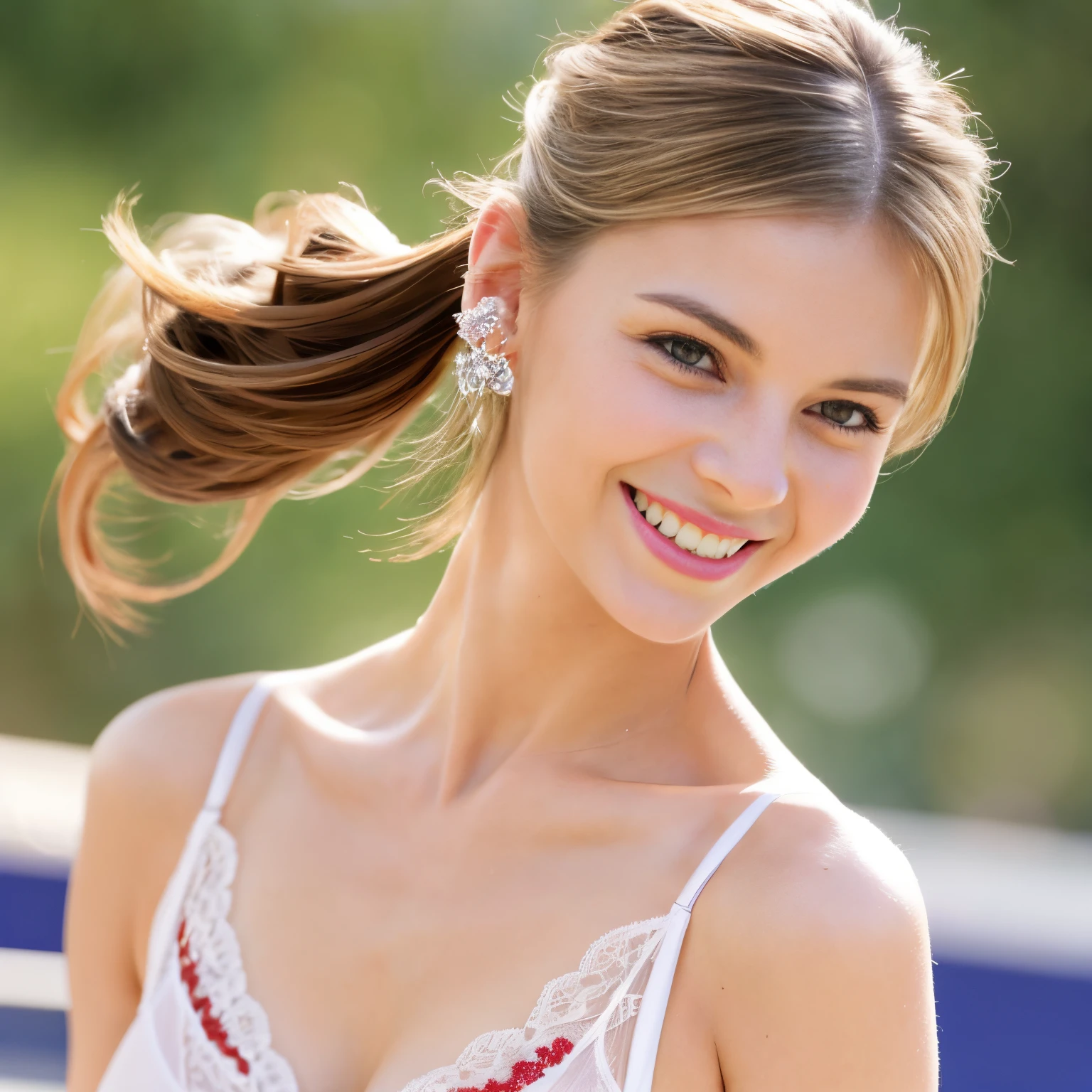 (front focus), Hyperrealist,1 pretty girl,white skinned,brown hair,looking at viewer, beautiful small chest, France, pony tail, happy smile, sports, pulling, dynamic, in love, joyful, singing, coconut, artist, aesthetic, tapping, lavender, sexy pose red lingerie, Victoria's secret, princess, 18yo