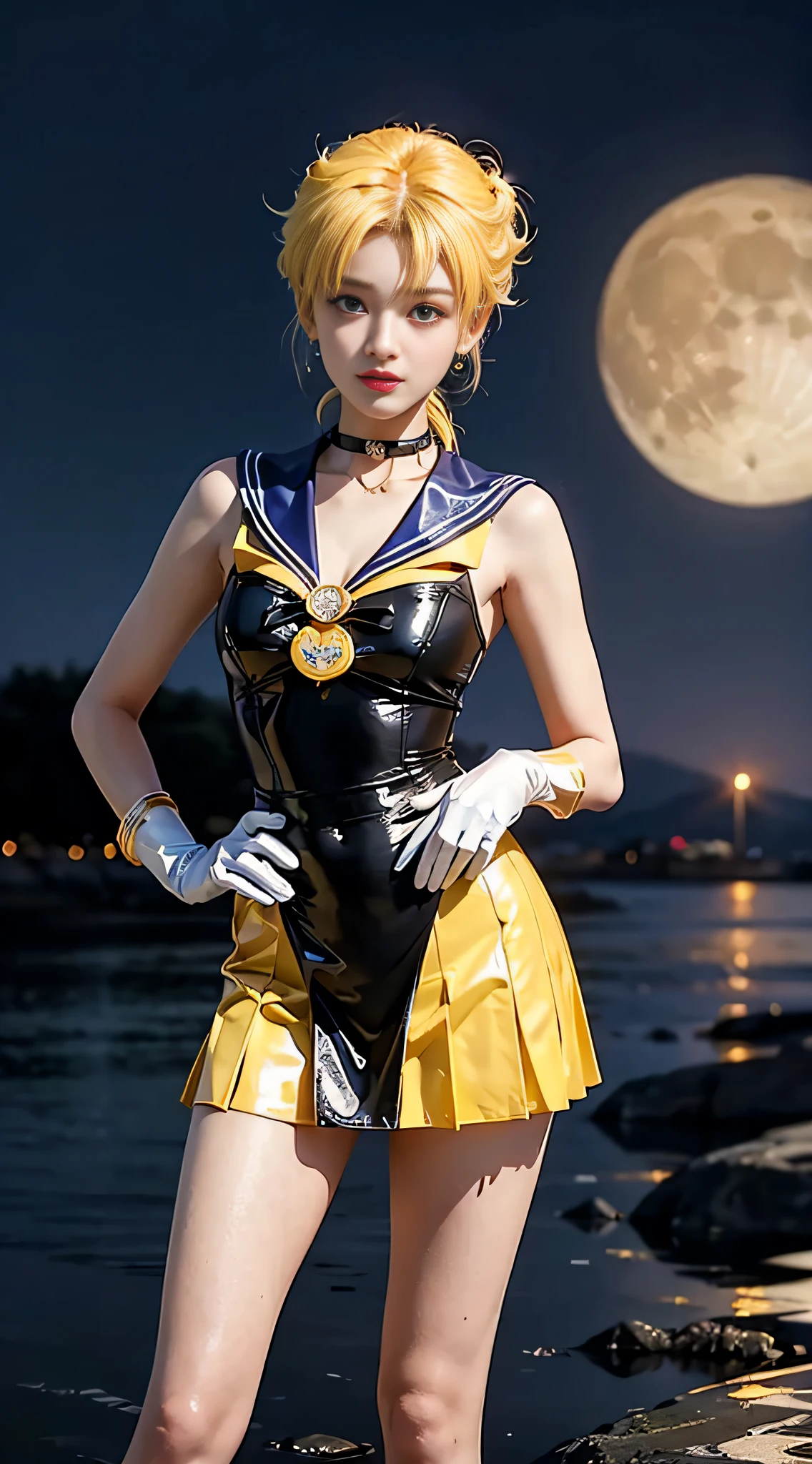 ((masterpiece:1.4)、(top-quality:1.4)、(reallistic:1.7))、masuter piece:1.4、a beauty girl、(Sailor Moon:1.4)、Tsukino Usagi、Body Fit Sexy Sailor Senshi Uniform、(latex shiny)、(The jacket is a white sleeveless sailor suit)、(Skirt Blue Sexy Ultra Ultra Pleated Mini Skirt)、The collar of the sailor suit is blue with two thin lines.、high leg swimsuit、Red cloth ornament at chest、(Wearing white gloves)、Kawaii Girl、Super beauty、foco nítido、Portrait photos、(Perfect female body:1.4)、perfectly proportions、Upper body photography:1.4、beautiful countenance、beautidful eyes、Narrow waist、beauty legs、(yellow hair:1.4)、(length hair:1.2)、Beautiful udder、large full breasts:1.2、Sexy ass、Raw photo、red-lips、Red high heels:1.4、a choker:1.4、a necklace:1.4、耳?????? Ring:1.4、Luxurious Golden Tiara:1.4、1 screen display、a moon、kosmos、spaceships、A space station、City of the Future